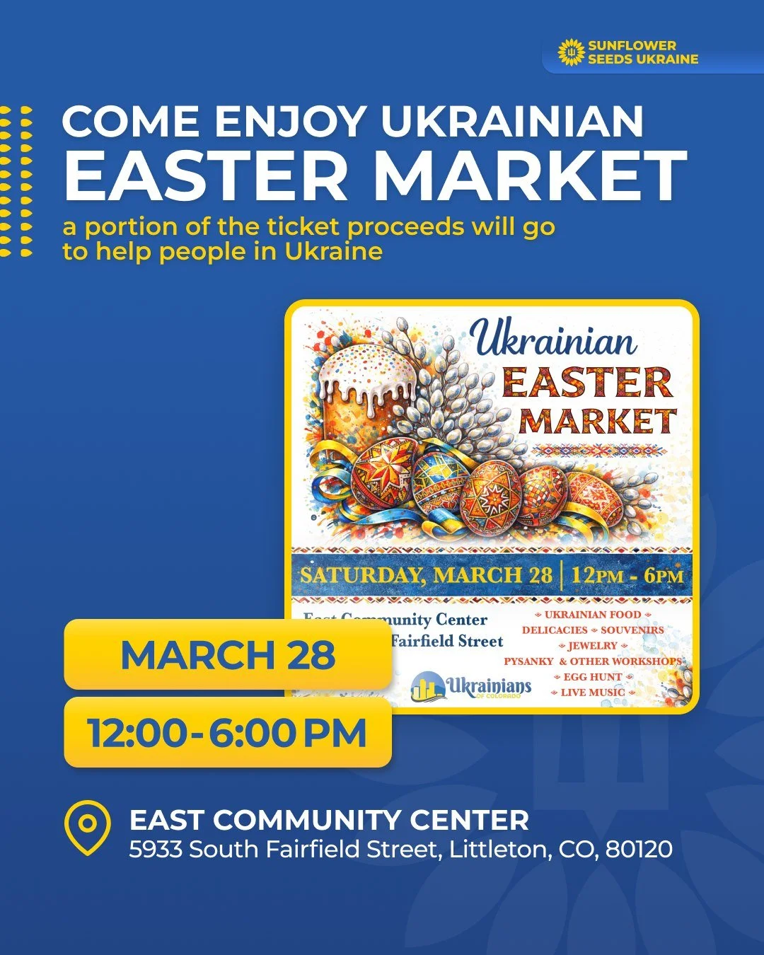 Mark your calendars for the Easter Market, organized by @ukrainians_of_colorado 🇺🇦 

During the event, you can taste authentic Ukrainian dishes, explore souvenirs and handcrafted gifts, and see traditional jewelry inspired by folk motifs. Enjoy a v