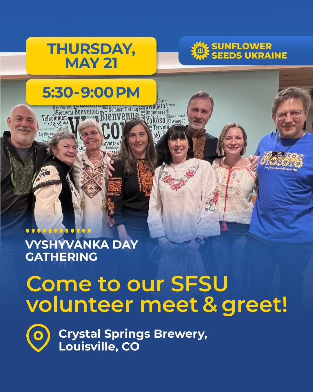 Join us for a special Vyshyvanka (Embroidery) Day Gathering with the Sunflower Seeds Ukraine community! 🌻

Wear your vyshyvanka and stop by for an evening of connection, conversation, and community with SFSU volunteers and friends.

📍 Crystal Sprin
