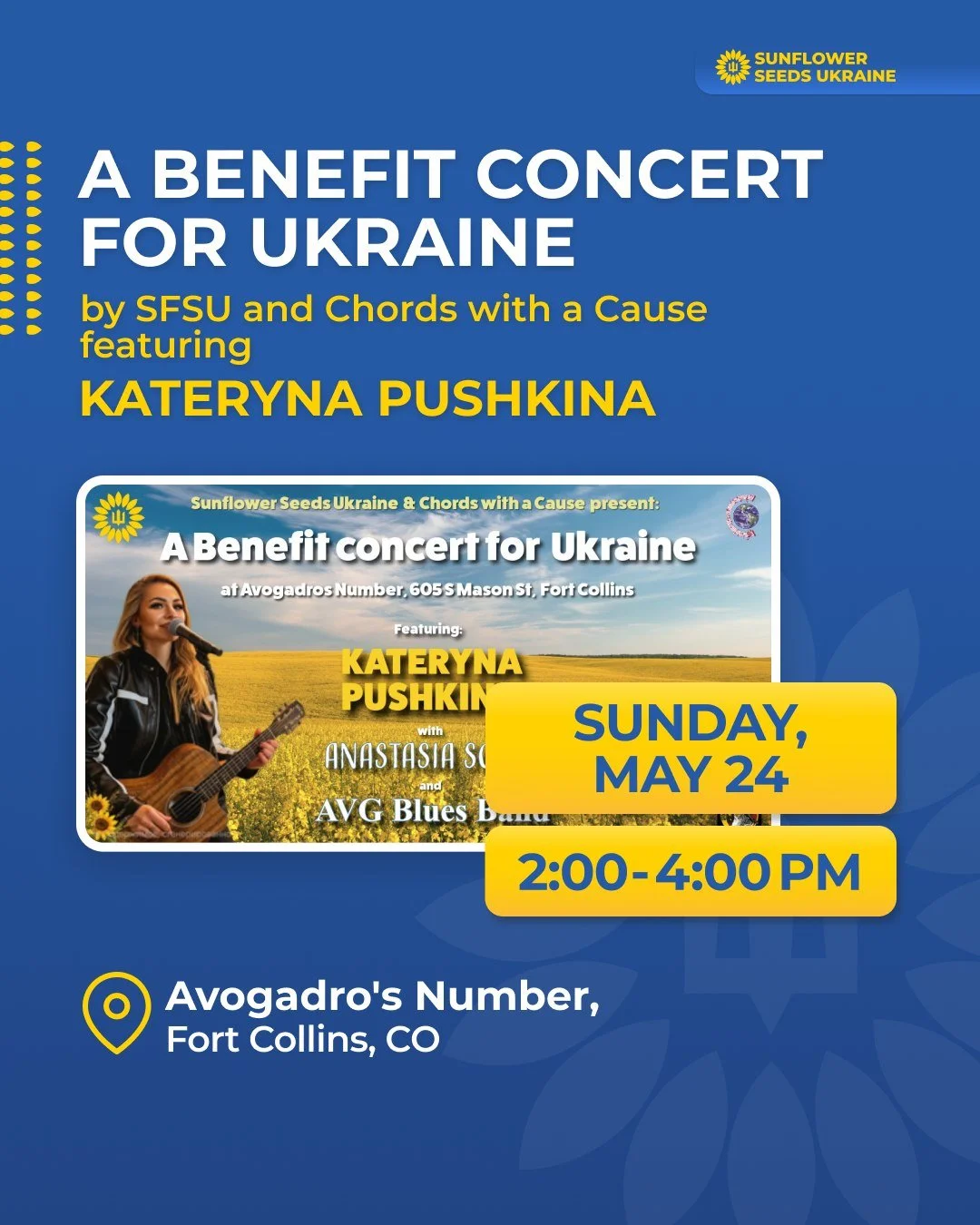 Join SFSU and Chords with a Cause for an afternoon of music in support of Ukraine 🇺🇦

On Sunday, May 24, @avogadrosnumberofficial  will host a special benefit concert featuring Kateryna Pushkina, Anastasia Sokha, and AVG Blues Band! 

Kateryna is a