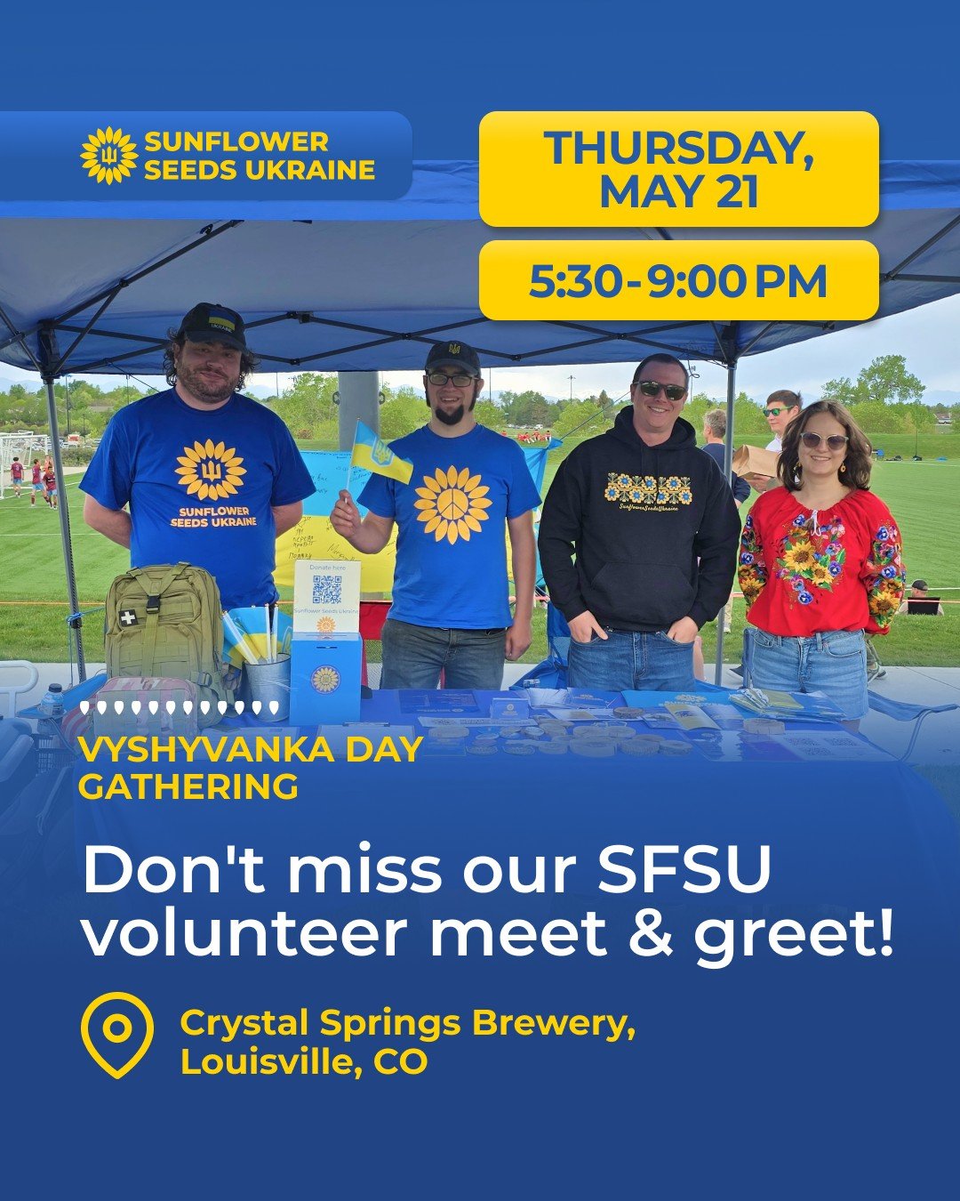 Mark your calendars! 
Join us this Thursday for our Vyshyvanka (Embroidery) Day Supporter Gathering with friends and volunteers of Sunflower Seeds Ukraine 🌻

Wear your vyshyvanka, meet the community, and spend the evening together at Crystal Springs