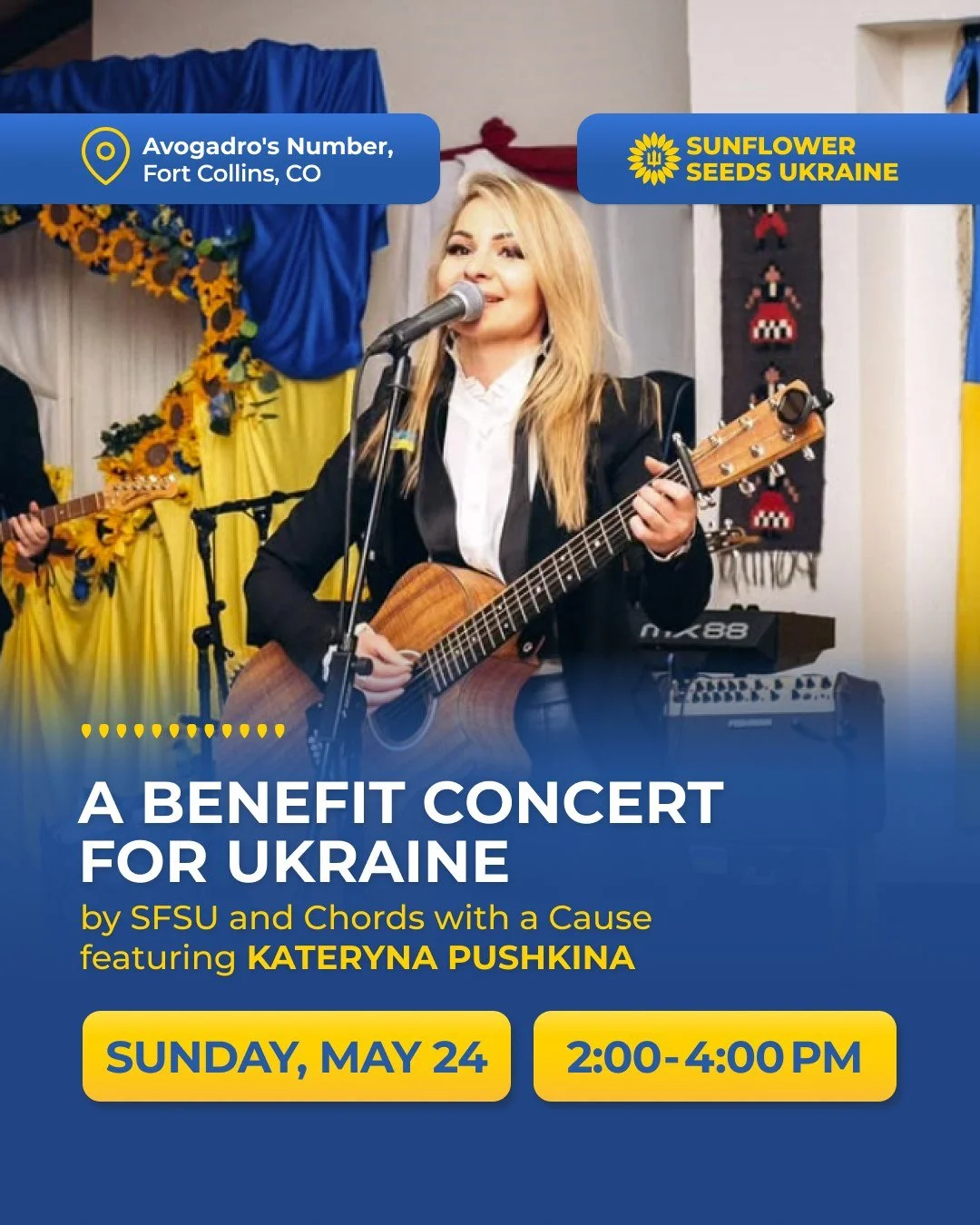 Colorado community, don&rsquo;t miss this special afternoon in support of Ukraine🎶

This Sunday, May 24, Sunflower Seeds Ukraine and Chords with a Cause invite you to a benefit concert featuring Kateryna Pushkina, acclaimed Ukrainian poet, composer,