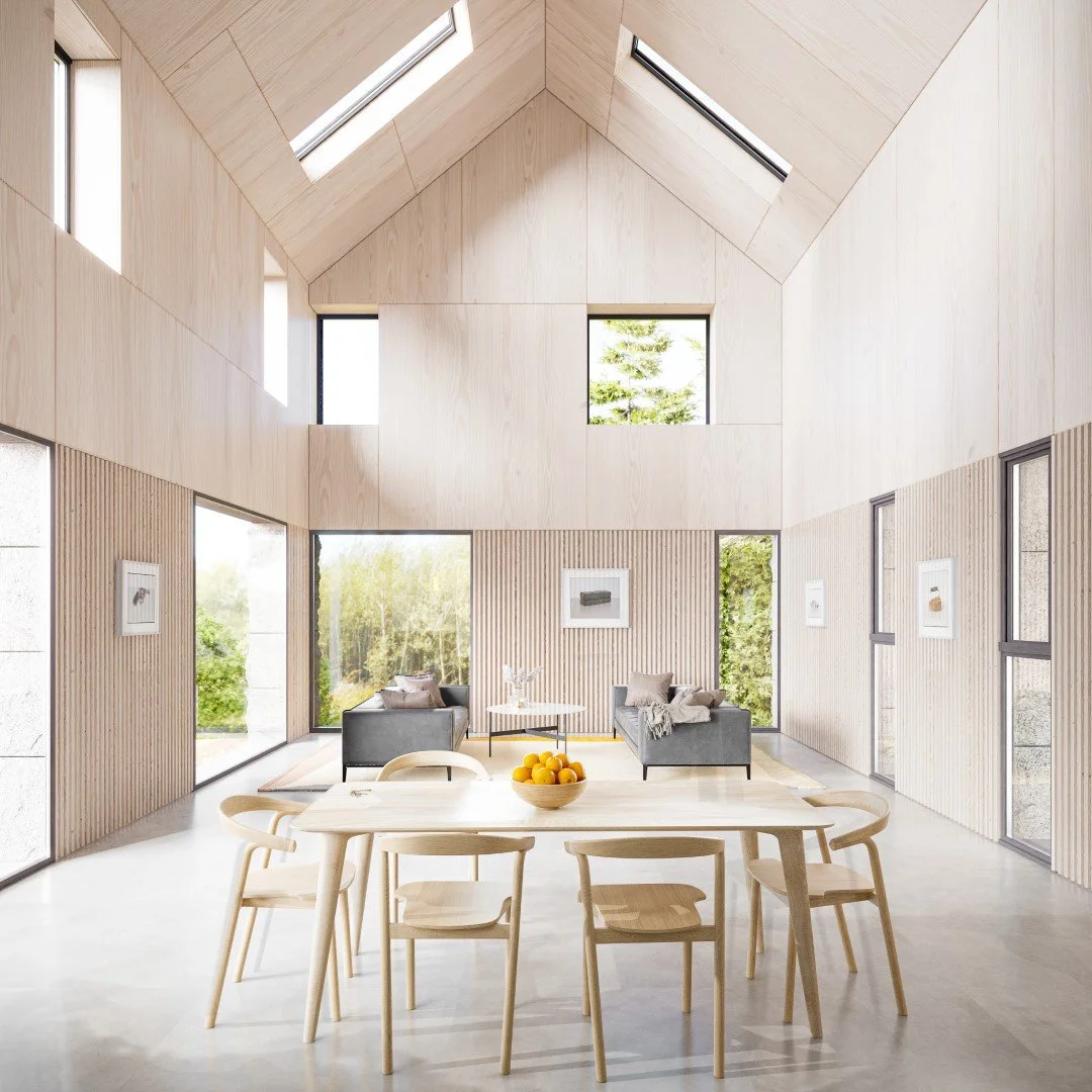 Mike McMahon Studio — Modern interior living room with high vaulted ceiling, wooden walls, large windows, and a dining table with chairs in the foreground.