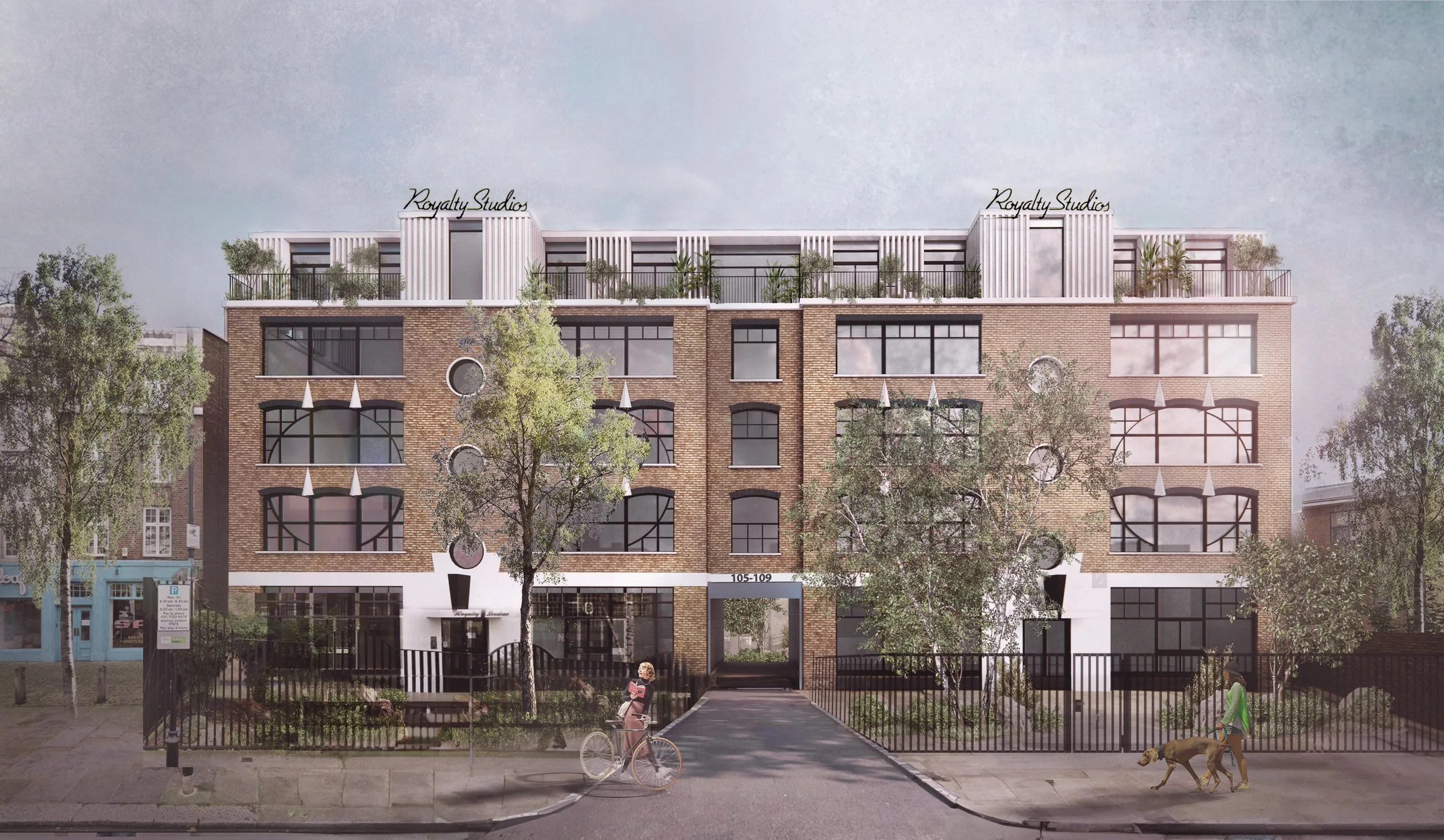 Mike McMahon Studio — Architect's rendering of a modern multi-story apartment building with brick facade, large windows, and rooftop garden with trees. 'Royalty Studios'.