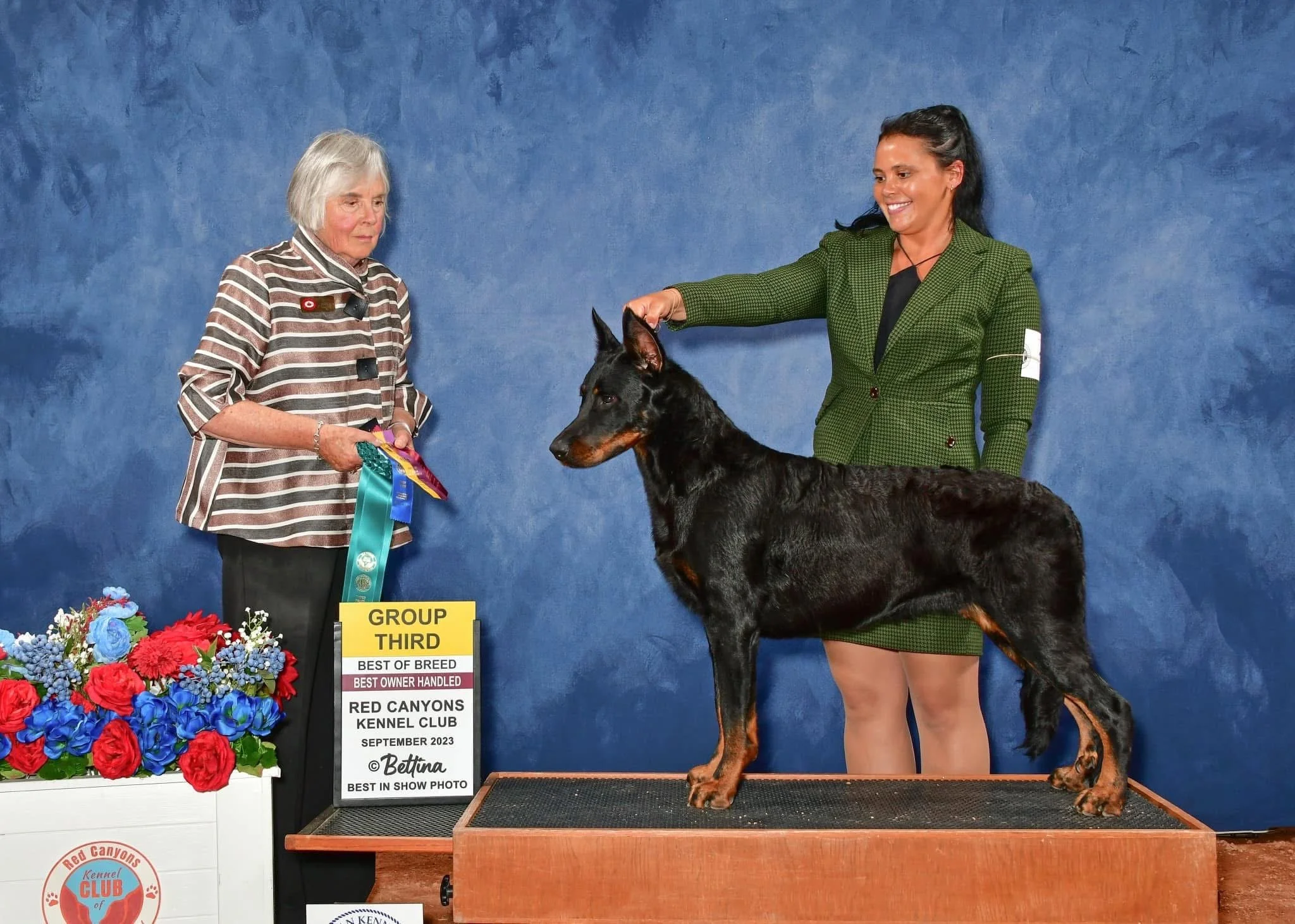 A woman in a green checkered blazer and a woman with gray hair in a striped blouse with a ribbon, standing beside a large black and tan dog on a show table, with a blue background, flowers, and award ribbons in the scene.