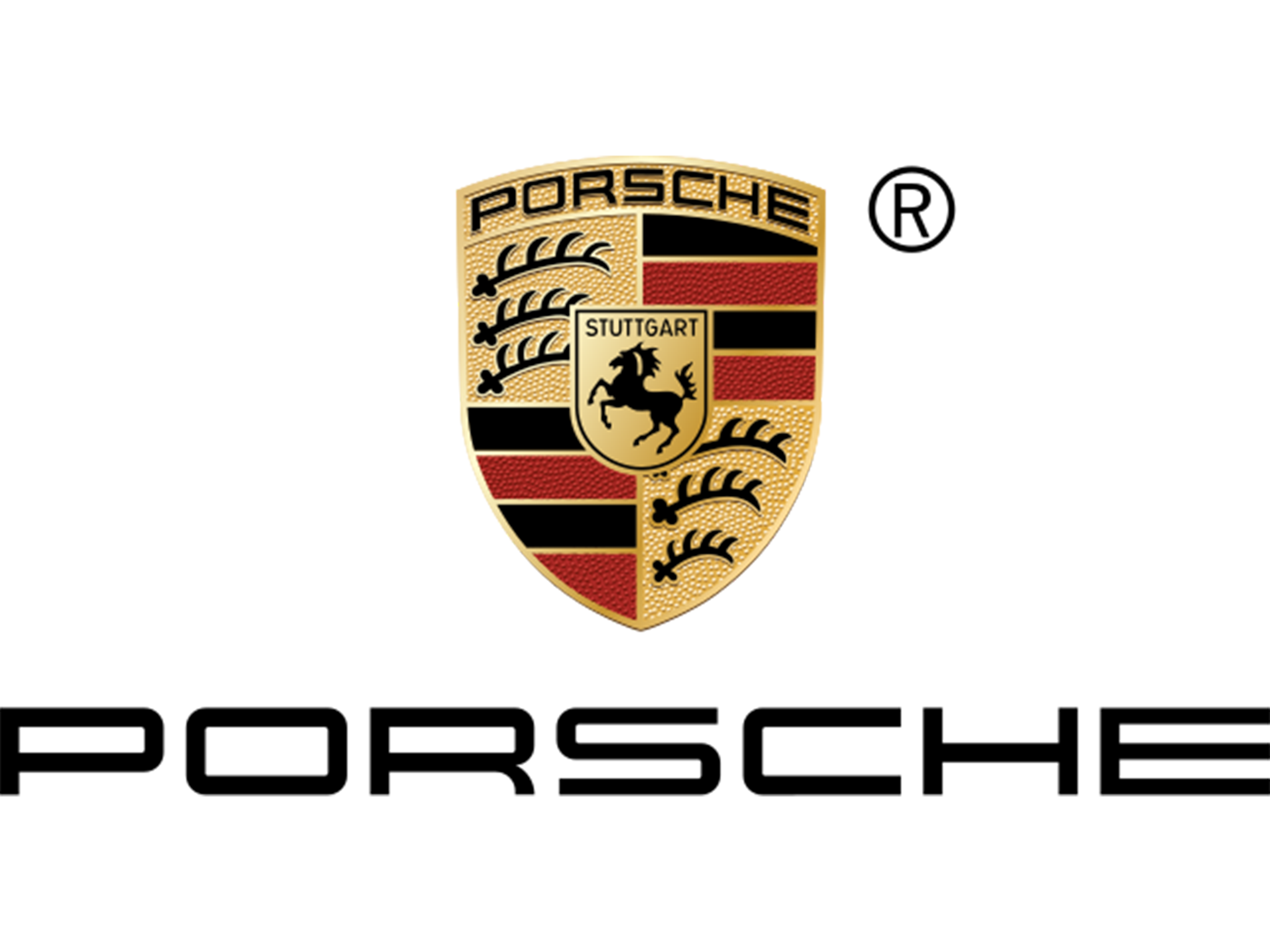 Das Bild zeigt das Logo des Automobilherstellers Porsche, mit einem Wappen in Gold, Schwarz und Rot, das einen springenden schwarzen Pferd auf einem gelben Schild in der Mitte hat, sowie die Schrift "Stuttgart".