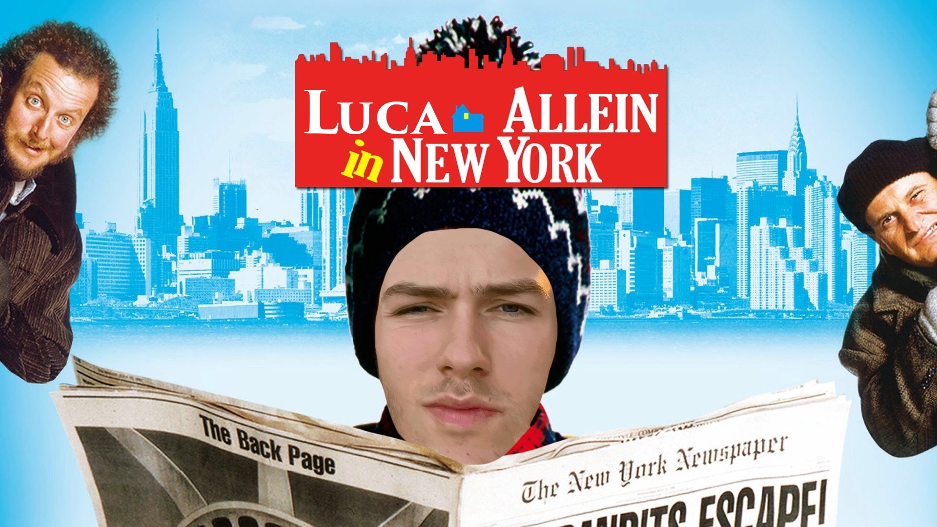 Ein bearbeitetes Bild mit Stefan Raab, Michael Mittermeier und Hape Kerkeling vor einer New Yorker Skyline. Stefan Raab liest eine Zeitung mit der Schlagzeile »The Backpackers Escape«. Über dem Bild ein rotes Banner mit dem Text »Luca Allein in New York«, wobei »in« in gelb hervorgehoben ist.