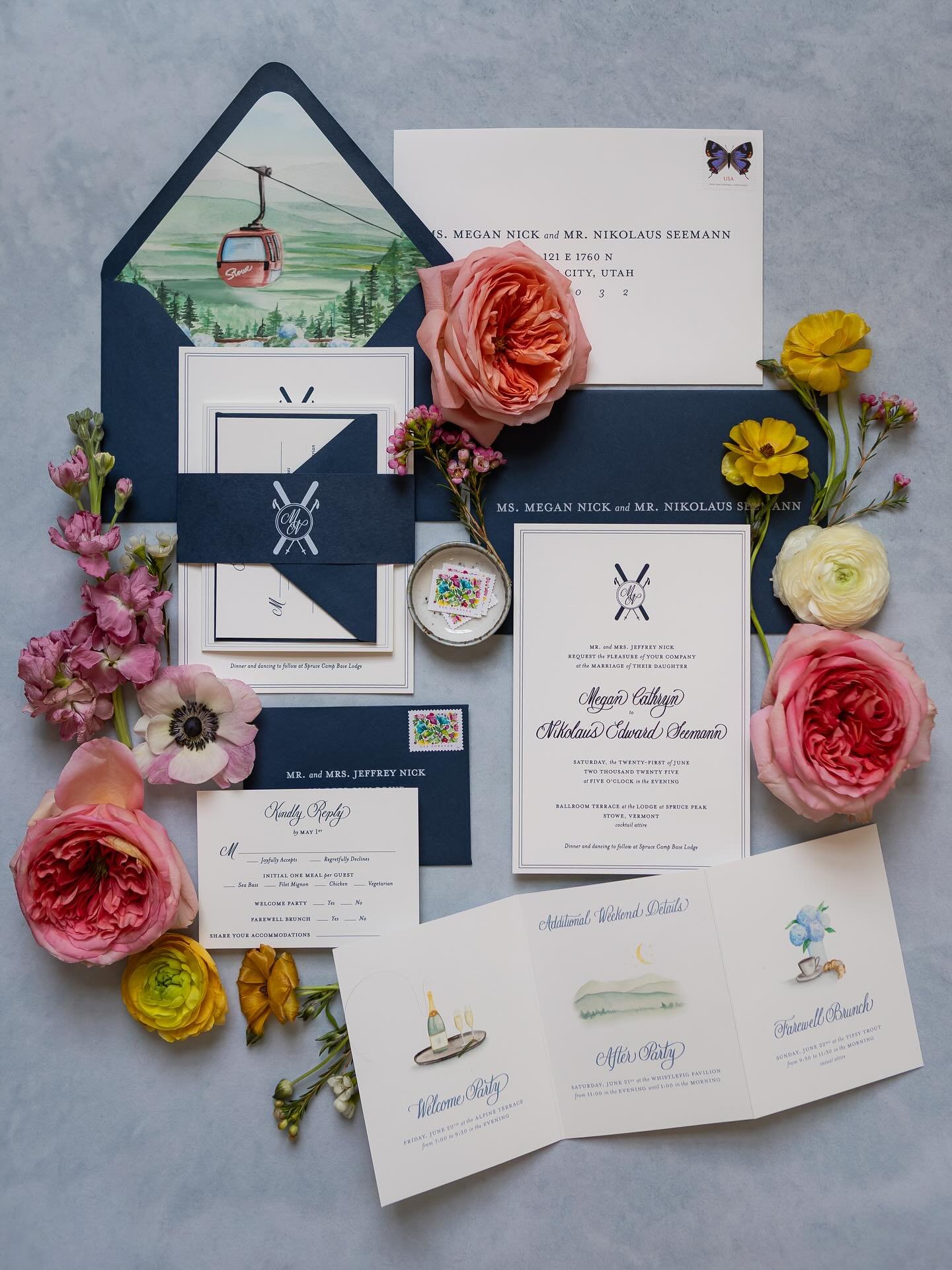 Bringing Stowe in summer to life on paper for Megan and Nik 🚠 through texture, color, and custom watercolor details

📷 @briana_duquette 

#customweddinginvitation #customstationerydesign #heirloominvitations #rhdesignhouse2025 #designstudio