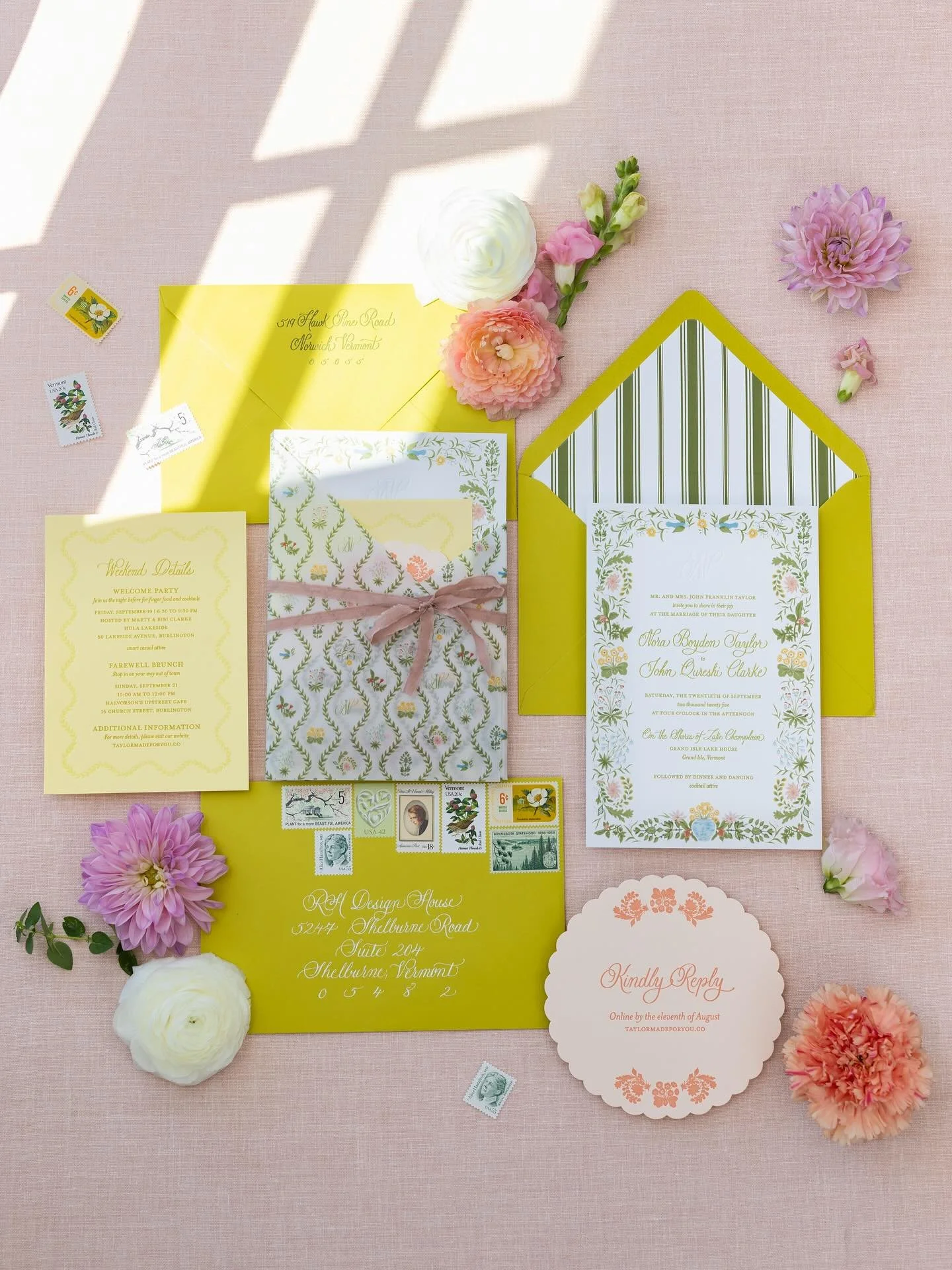Nora and John&rsquo;s custom invitations provided a first peek into a wedding layered with pattern, color, and detail. We pulled inspiration straight from the reception linens, turning them into hand-illustrated borders, custom floral illustrations o