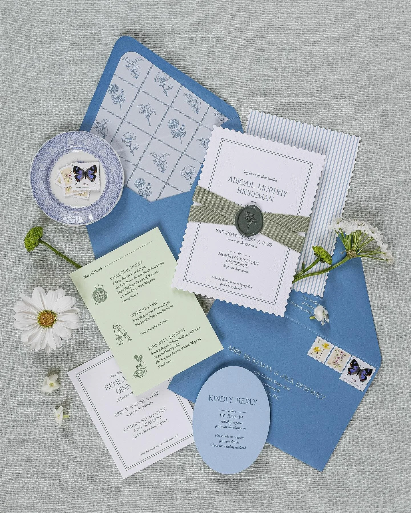 This garden-party inspired suite couldn’t have been a better fit for Abby and Jack’s August wedding by the lake. We illustrated the bride’s favorite flowers and carried them through every detail, from the custom debossed border to t