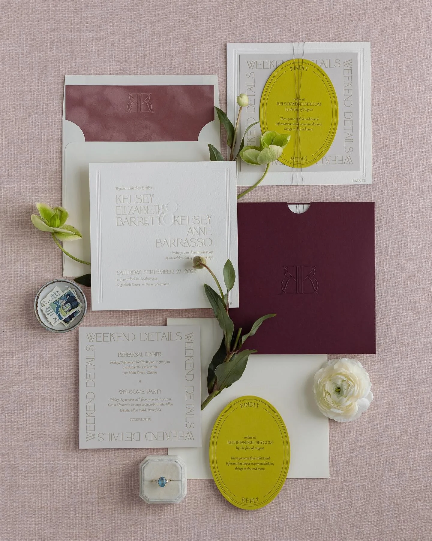 Velvet accents hallelujah
Blind embossing hallelujah
Texture hallelujah
Die-cut cards hallelujah
A bold color palette hallelujah 
Curated typography hallelujah
Couples that trust us hallelujah 

📷 @briana_duquette