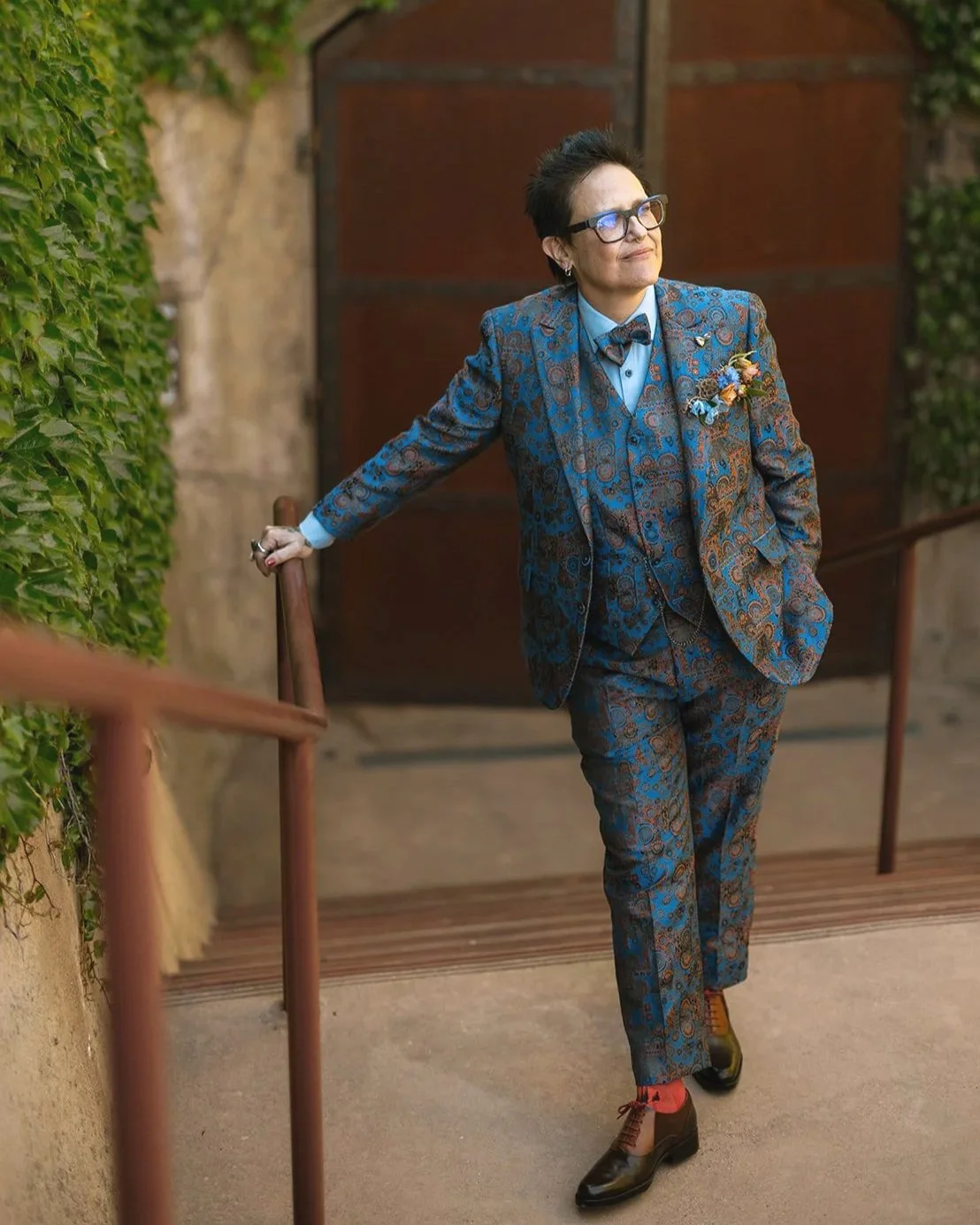 An exquisite example of a 3 pc suit in a deep teal & rust brocade. (client photo)