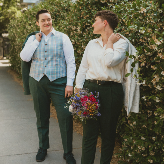 Featuring a Duchess Jacket, Trouser & Vest combo: with forest green Jacket & Trouser and contrasting plaid vest.