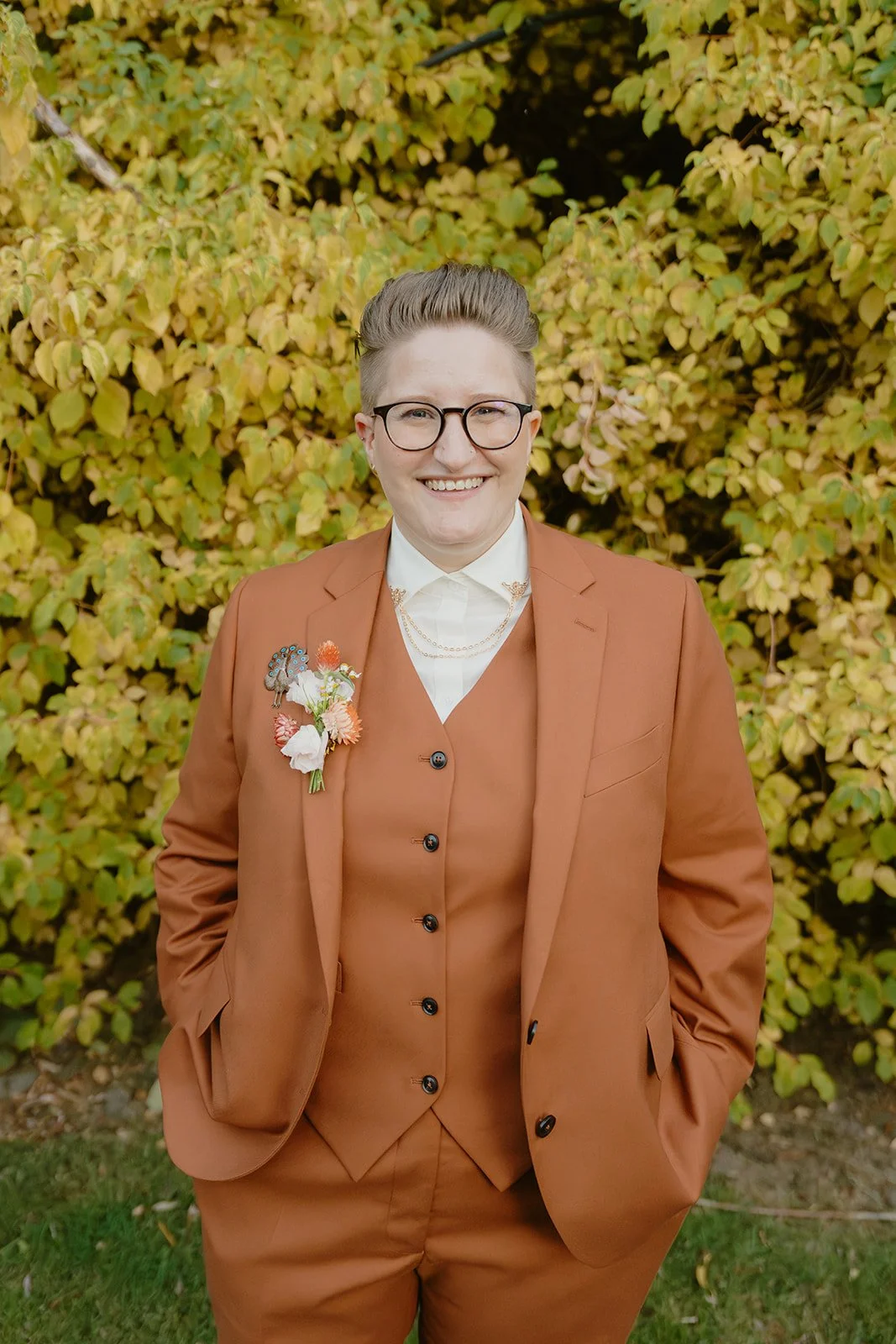Example of our Essential 3 piece suit in terracotta orange. *With upgraded buttons