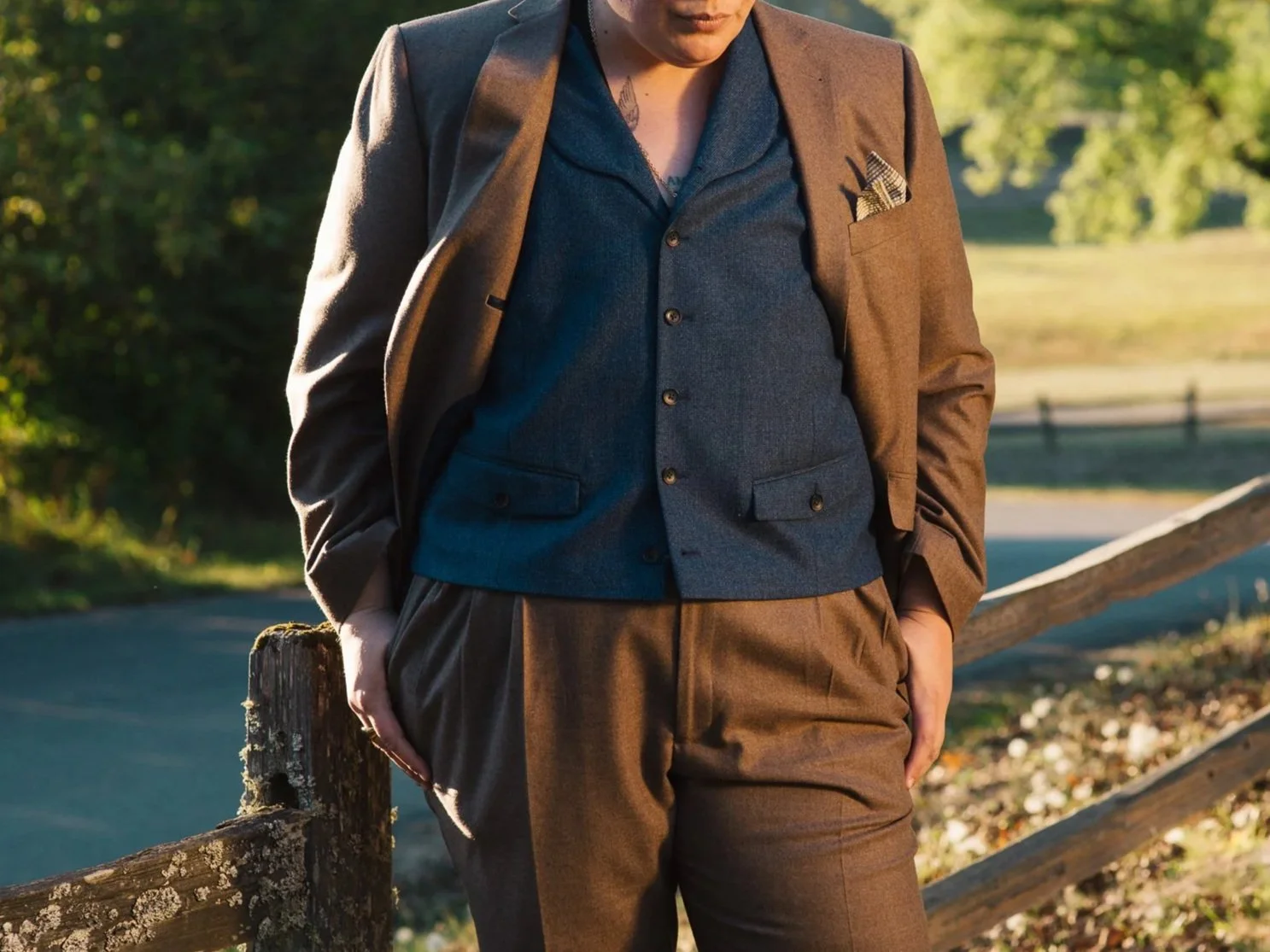 Featuring a Duchess Jacket, Trouser & Vest combo: a dark wheat-brown wool Jacket & Trouser with a contrasting dark blue-green vest