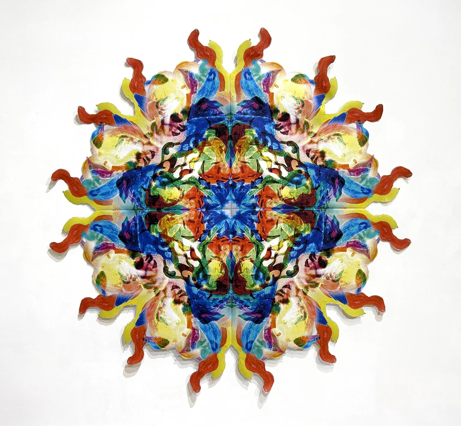 Suncatcher
Blind contour drawing and monotype; digitally manipulated and mirrored; archival pigment print on mulberry paper; machine-sewn
2026