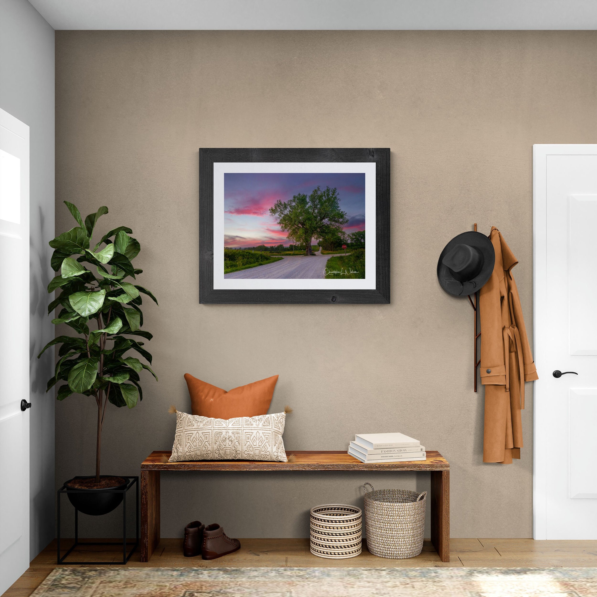 Interior entryway with a bench, decorative pillows, a potted plant, a framed landscape photograph, a pair of shoes, and wall hooks with a hat and jacket.