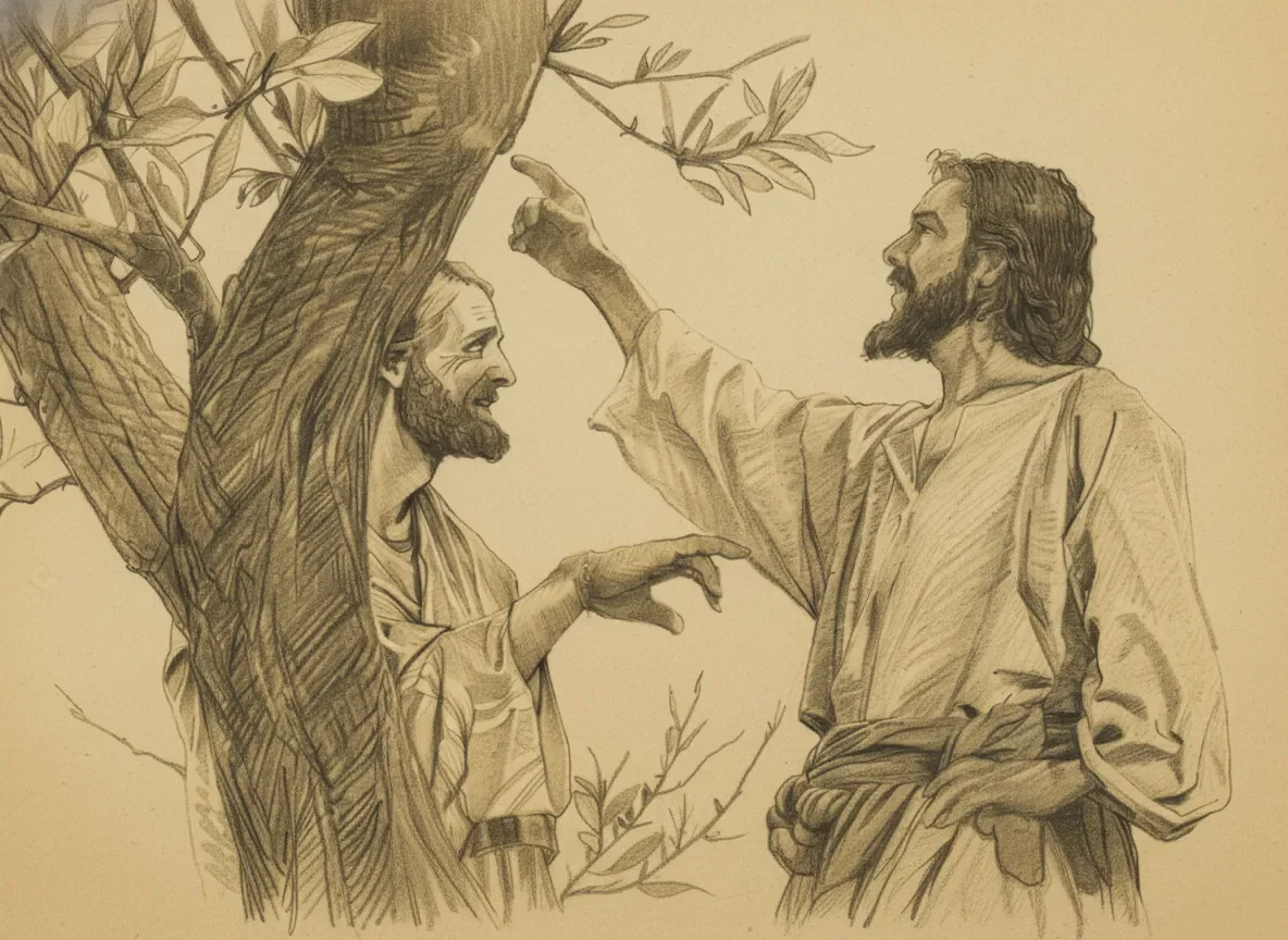 Jesus pointing at a tree with a man sitting in it