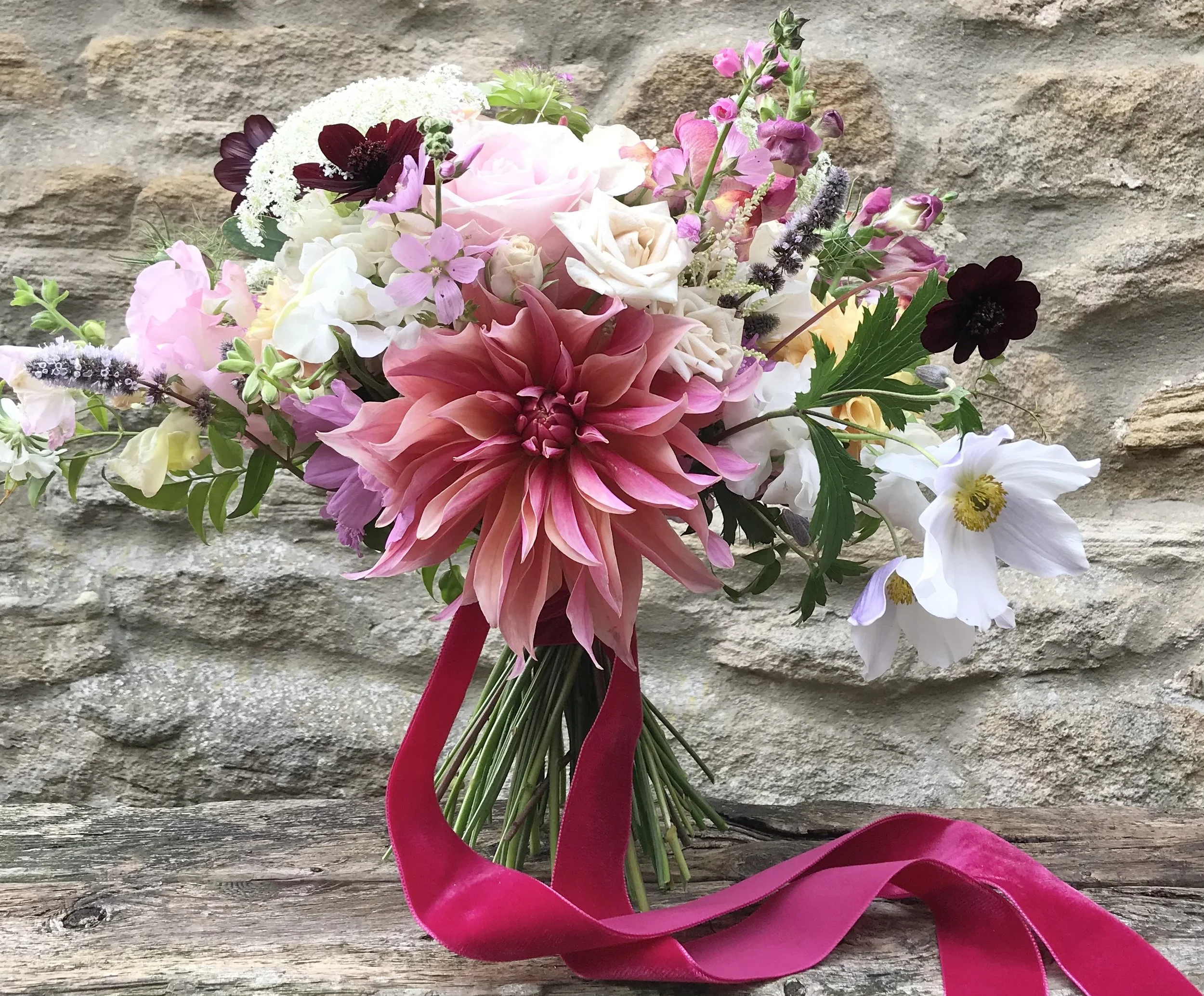 Bridal bouquet, coral and pink large dahlia