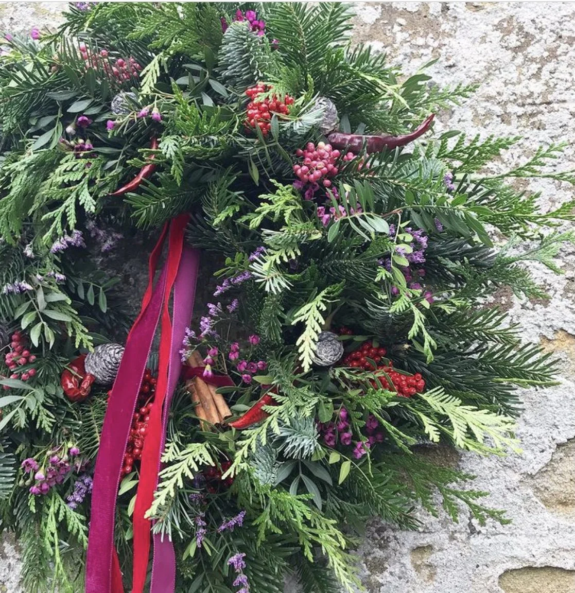 Christmas wreath, green, pink, red and purple
