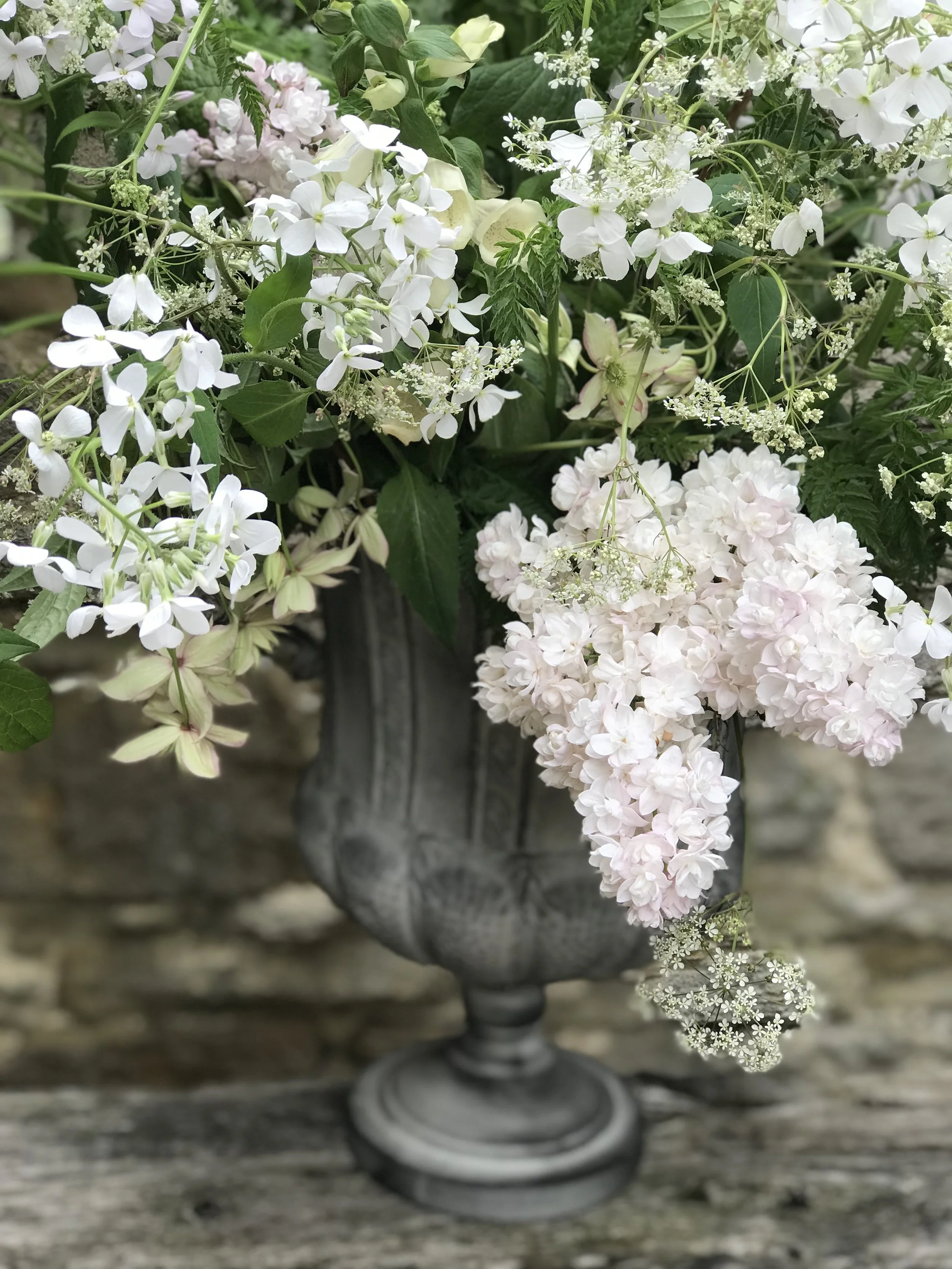 Urn arrangement, white lilacs and clematis 