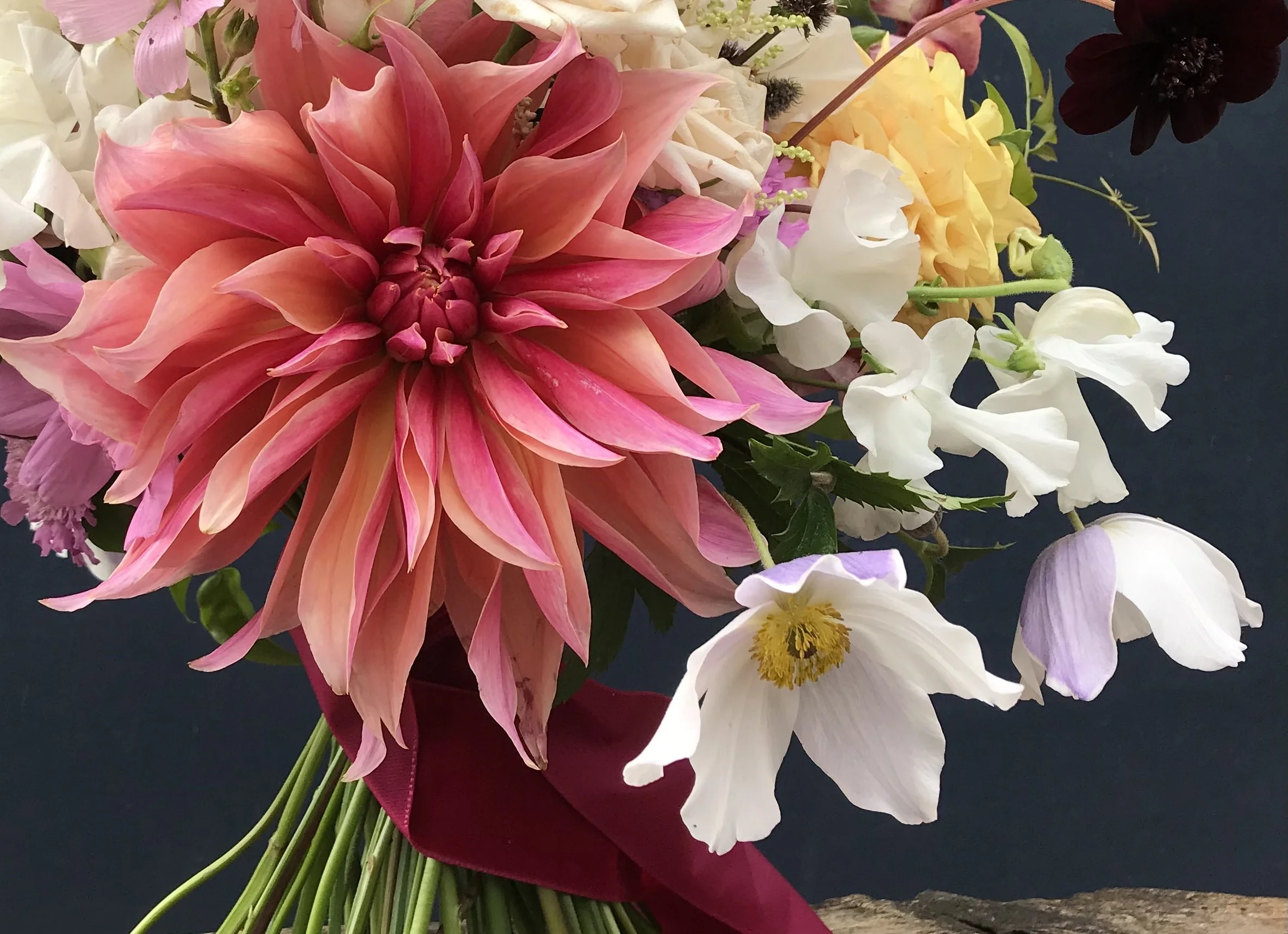 Close up dahlia bridal bouquet 