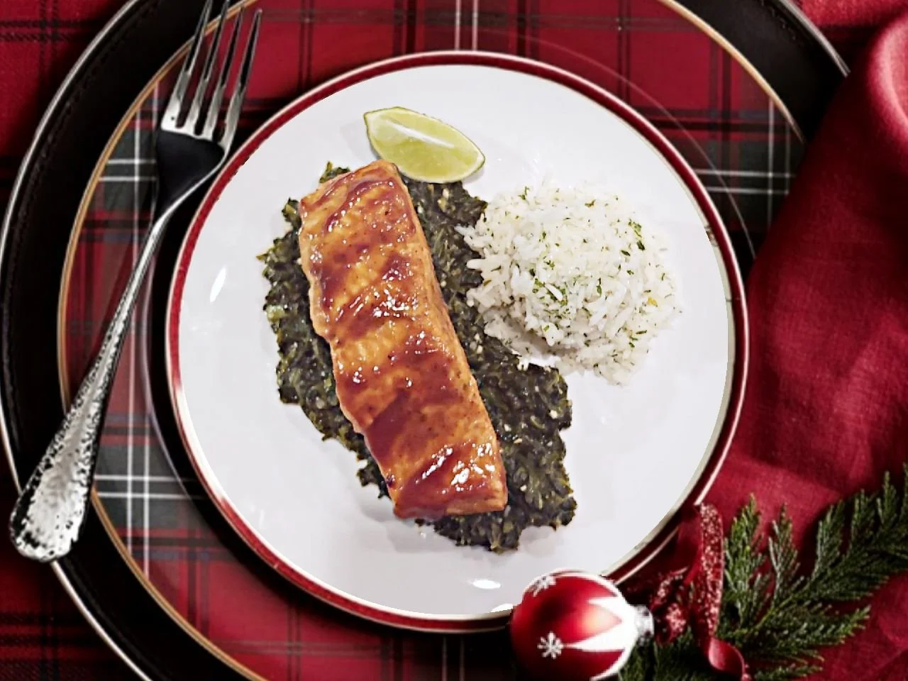 Glazed Salmon with greens and rice