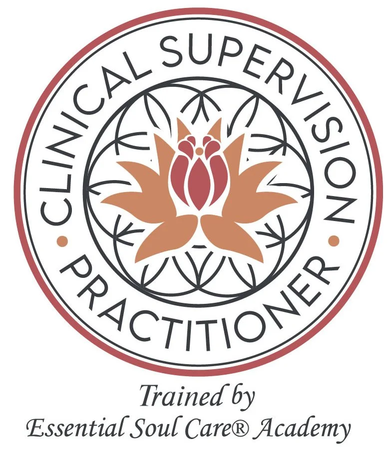 Circular logo with the words "Clinical Supervision Practitioner" around a central lotus flower design. Text below reads "Trained by Essential Soul Care® Academy."