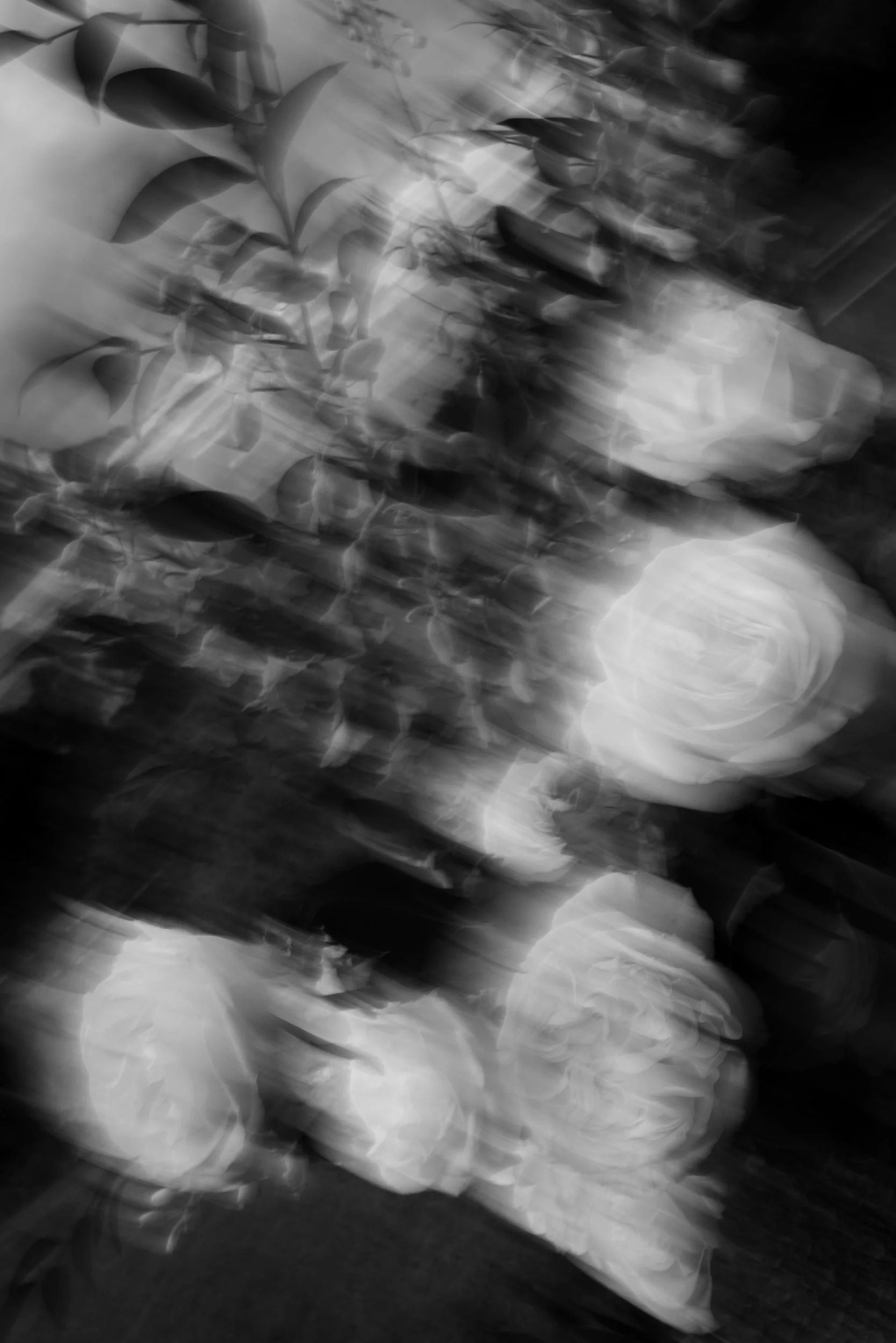 Blurry black and white photograph of a flower install by Florette for a wedding at Wye River Hotel.