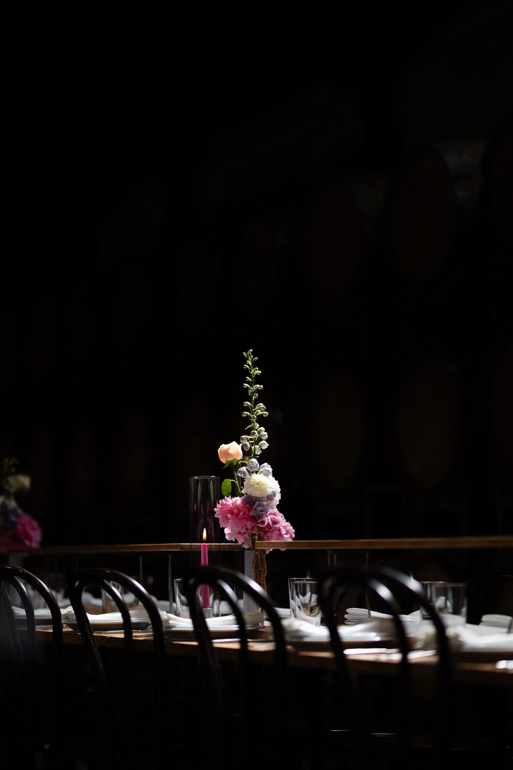 A floral center piece from The Posie Place on a dining table at Provenances Wines, Geelong.