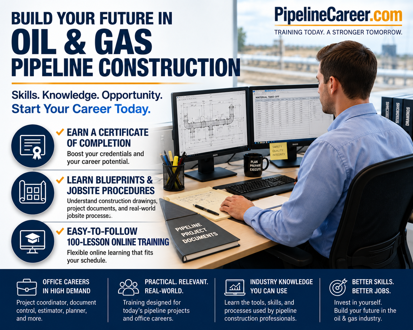 Oil and gas pipeline construction training graphic showing an office professional reviewing construction blueprints and project documents, with online course information.