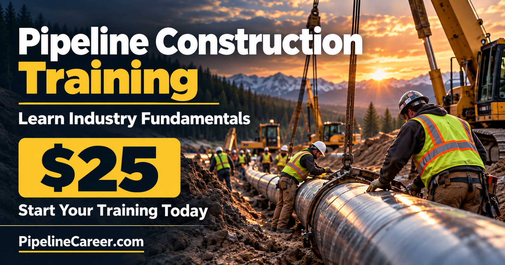 A construction crew working on a pipeline during sunset, with workers in safety vests and hard hats, heavy machinery, and mountains in the background.