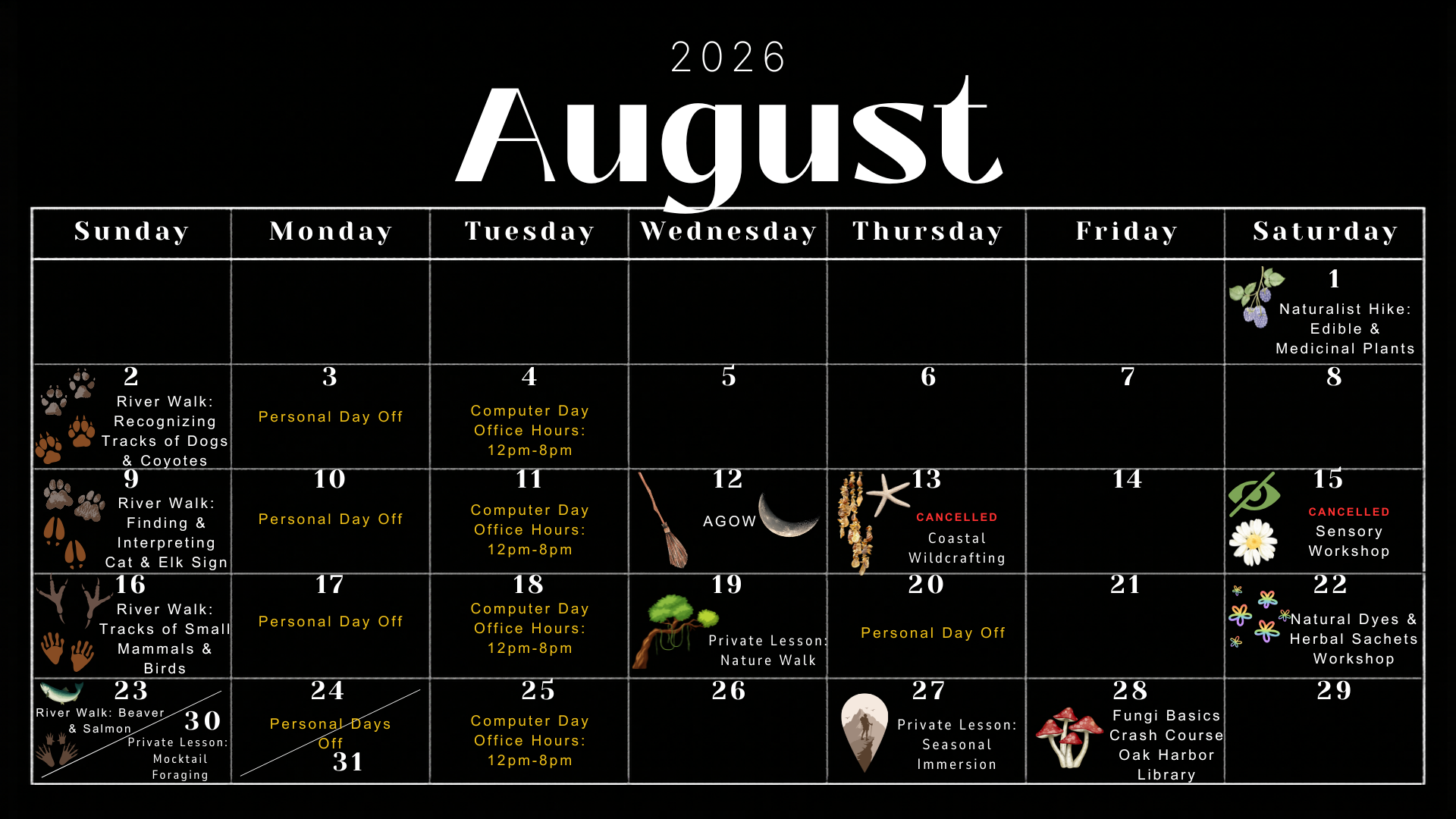 August 2026 calendar with various activities, events, and cancellations marked for each day, including nature walks, computer days, and workshops.