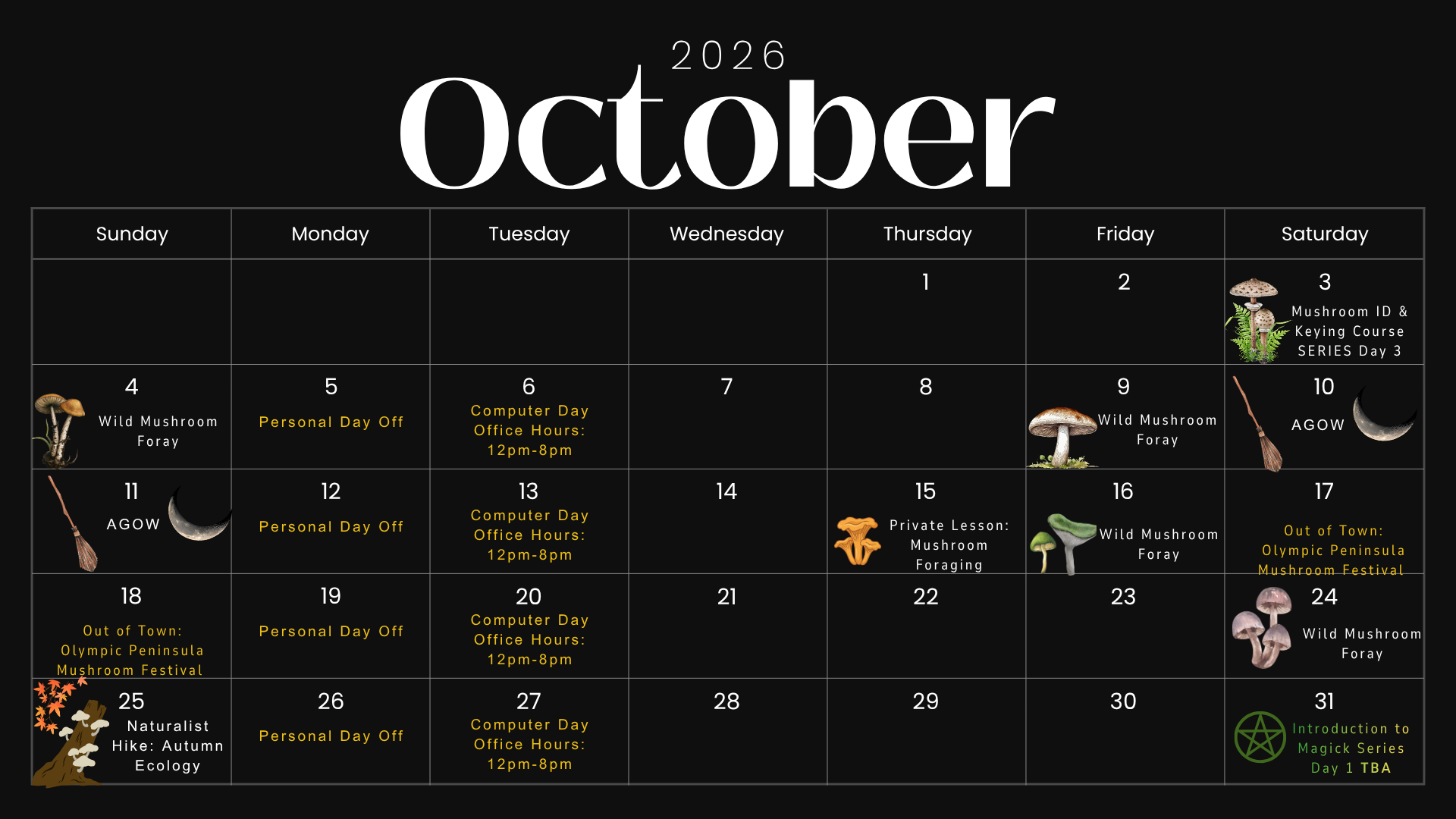 Fall workshops with Northwest Natura in the pnw calendar showing various Mushroom Foraging field trips, forays, private fungi foraging outings, and a gathering of witches in the PNW pacific northwest womens groups