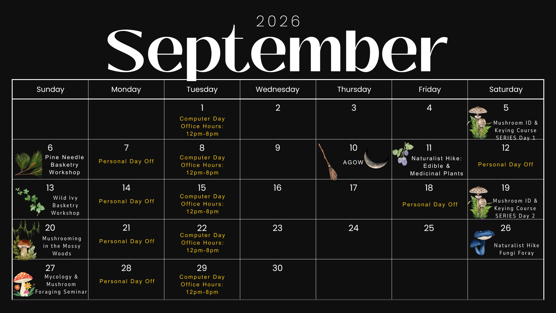 September 2026 calendar with events and illustrations of mushrooms, plants, and mushrooms on the weekends.
