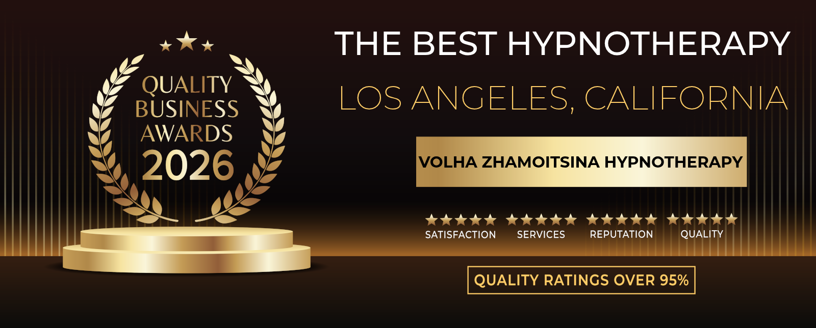 Award certificate for the 2026 Quality Business Awards, presented in Los Angeles, California, for Volha Zhamoitsina Hypnotherapy, featuring gold laurel wreath, stars, and text indicating high satisfaction, service, reputation, and quality ratings.