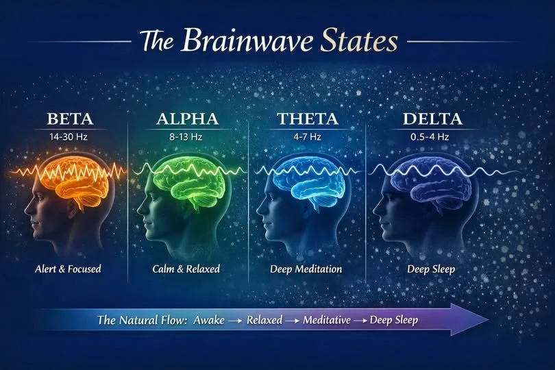 Diagram illustrating four states of the mind called the Brainwave States: Beta (14-30 Hz) for alert and focused, Alpha (8-13 Hz) for calm and relaxed, Theta (4-7 Hz) for deep meditation, and Delta (0.5-4 Hz) for deep sleep. A timeline shows the flow: awake, relaxed, meditative, deep sleep.