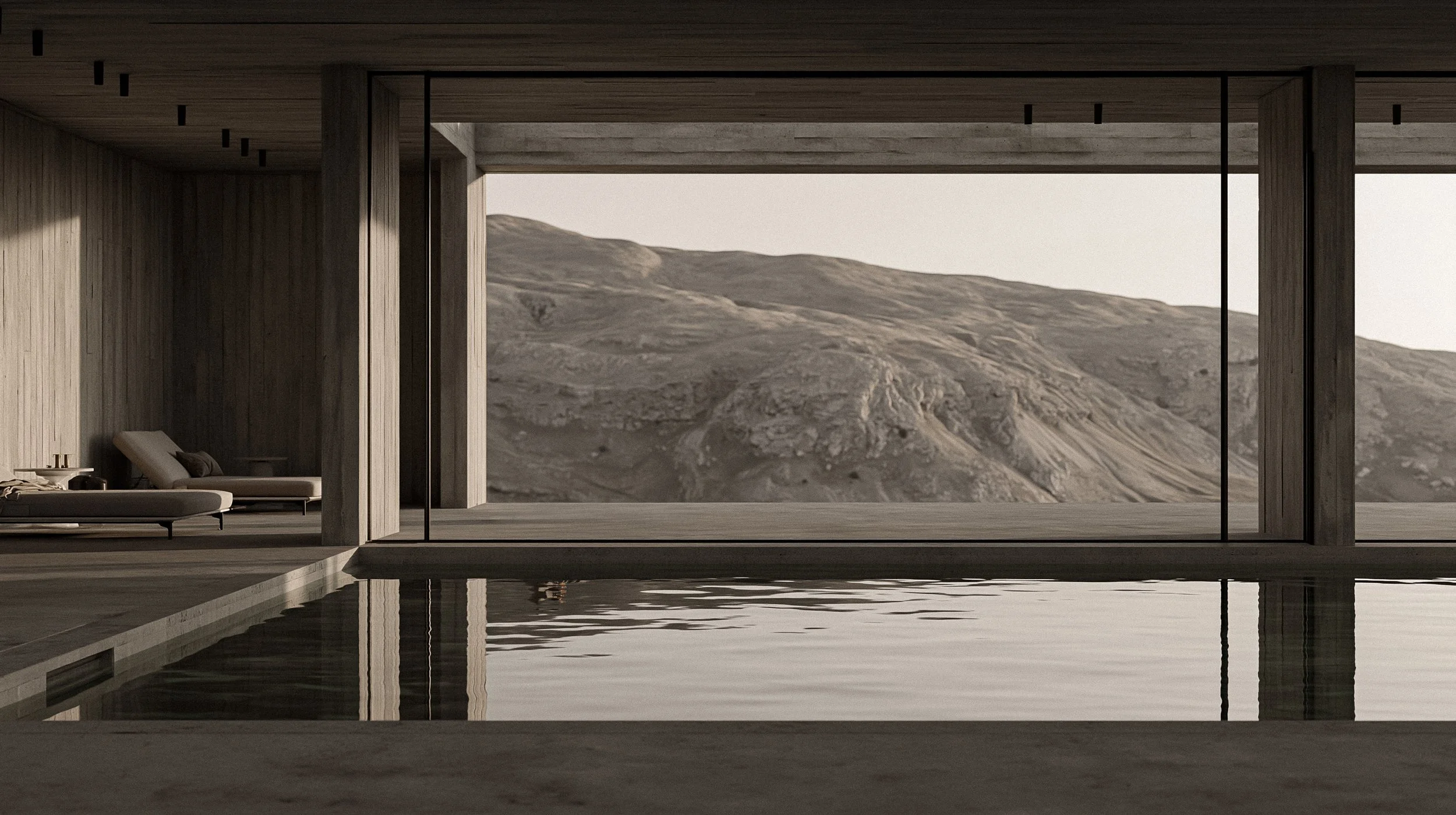 Wellness concept interior designed around water, horizon and sensory calm, creating a quiet spatial experience for nervous system regulation.