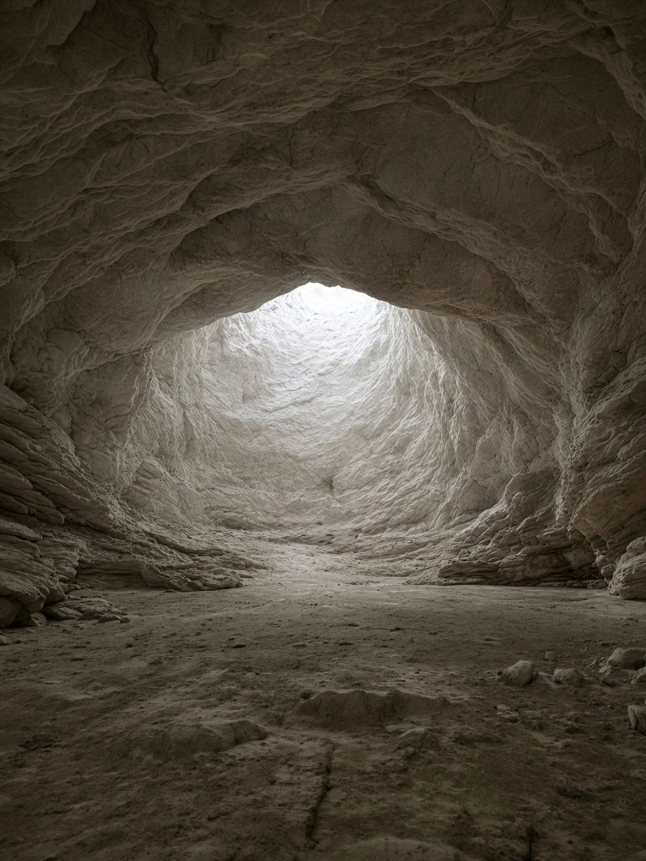 Natural cave chamber with a soft opening of light, evoking protection, threshold and refuge within a mineral landscape.