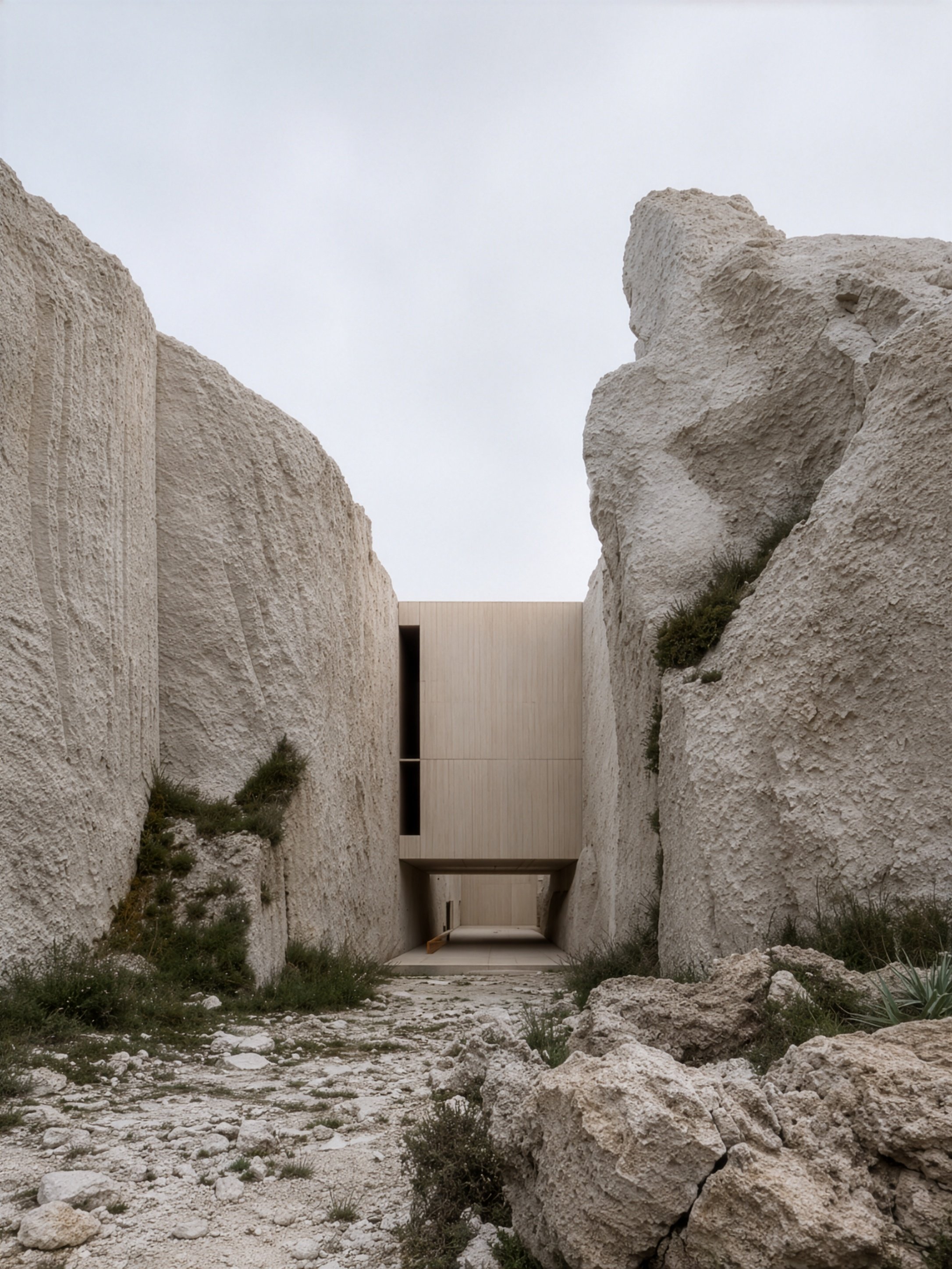 Minimal refuge integrated within carved stone terrain