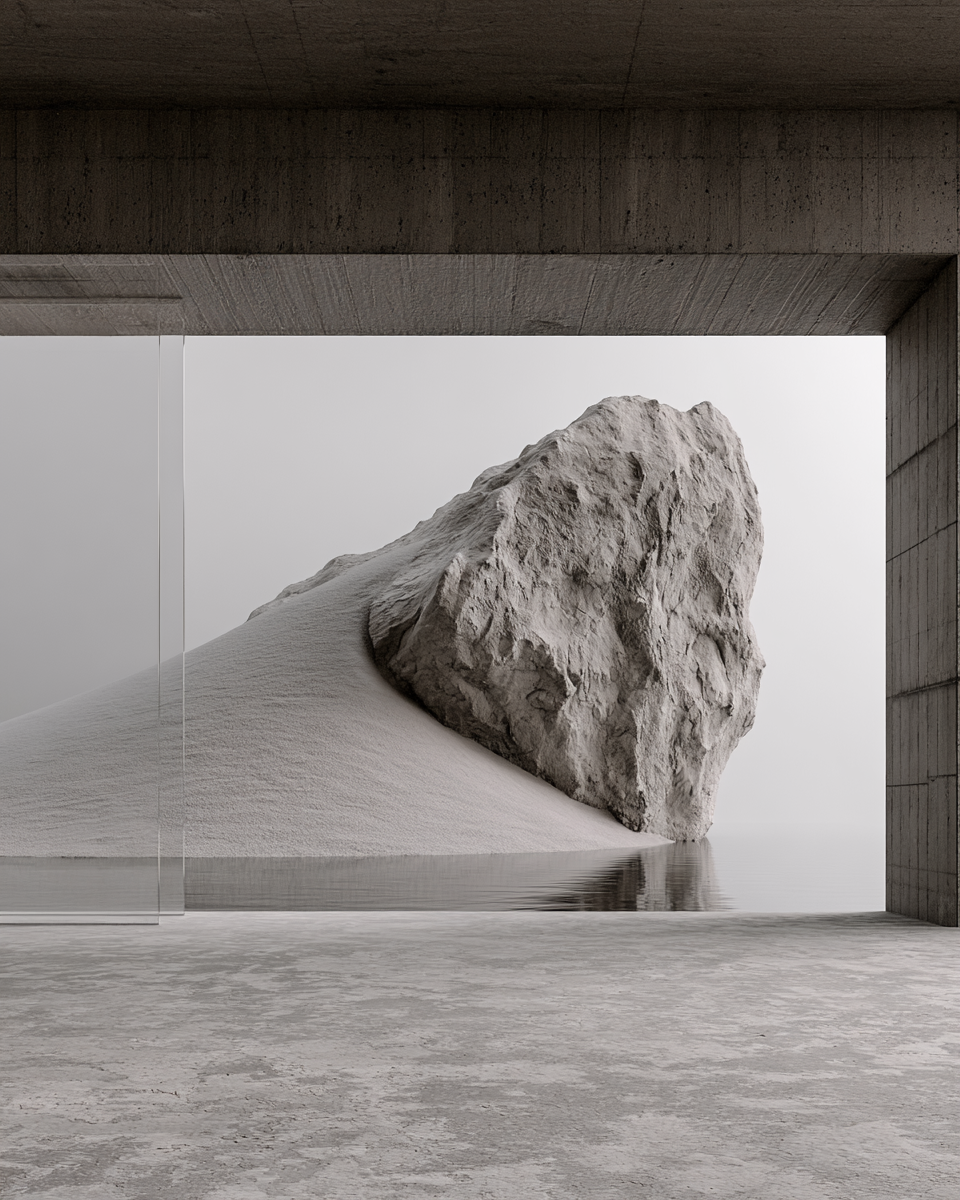 Architectural research image showing rock-like forms and mineral textures used as spatial language rather than decoration.