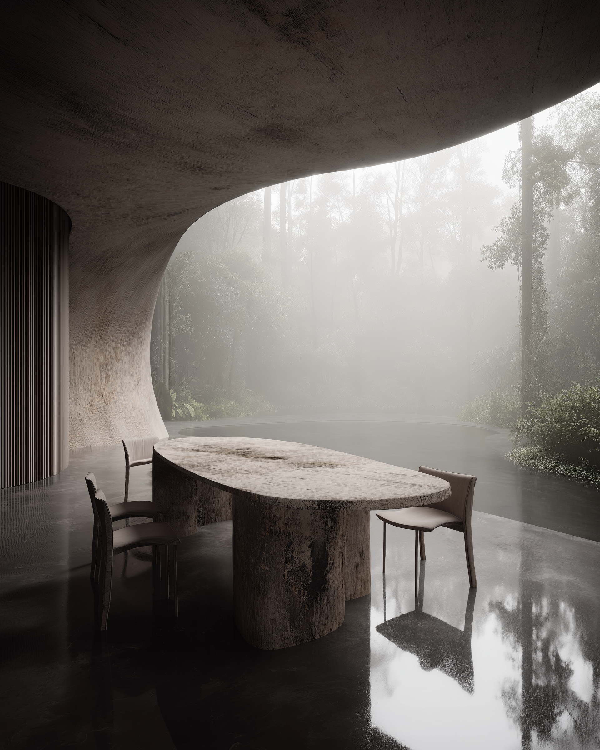 Architectural threshold where interior space meets water and landscape.