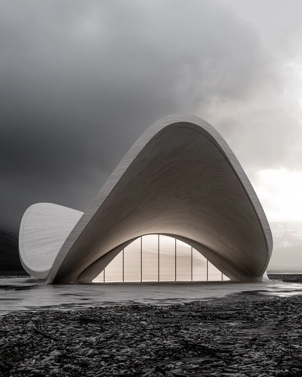 Architectural visual research showing a sculptural mineral form with curved openings, exploring material behaviour, mass, shadow and emotional regulation through architecture.