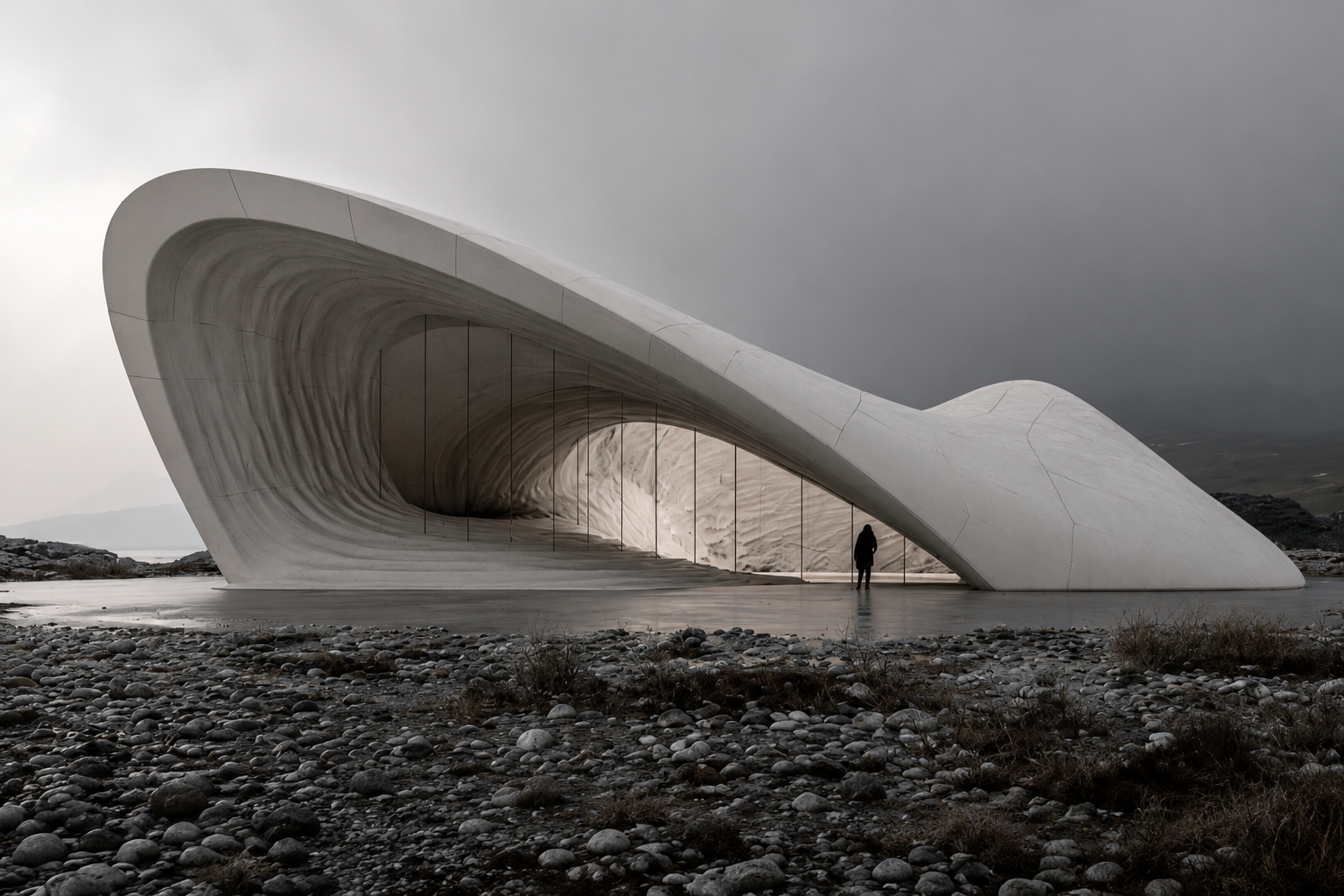 Experimental spatial form inspired by geological logic, showing folds, cavities and pressure-like deformation in architectural research.