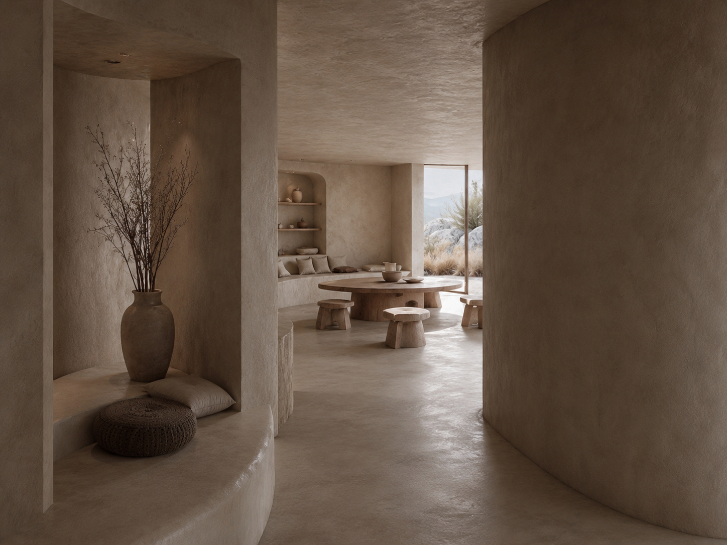 Interior de una casa con paredes y mobiliario de color beige, con un rincón decorativo que tiene un jarrón con ramas secas, cojines y un cesto en un nicho, y al fondo una mesa de madera con banquetas y un gran ventanal que deja ver un paisaje desértico con plantas y montañas.