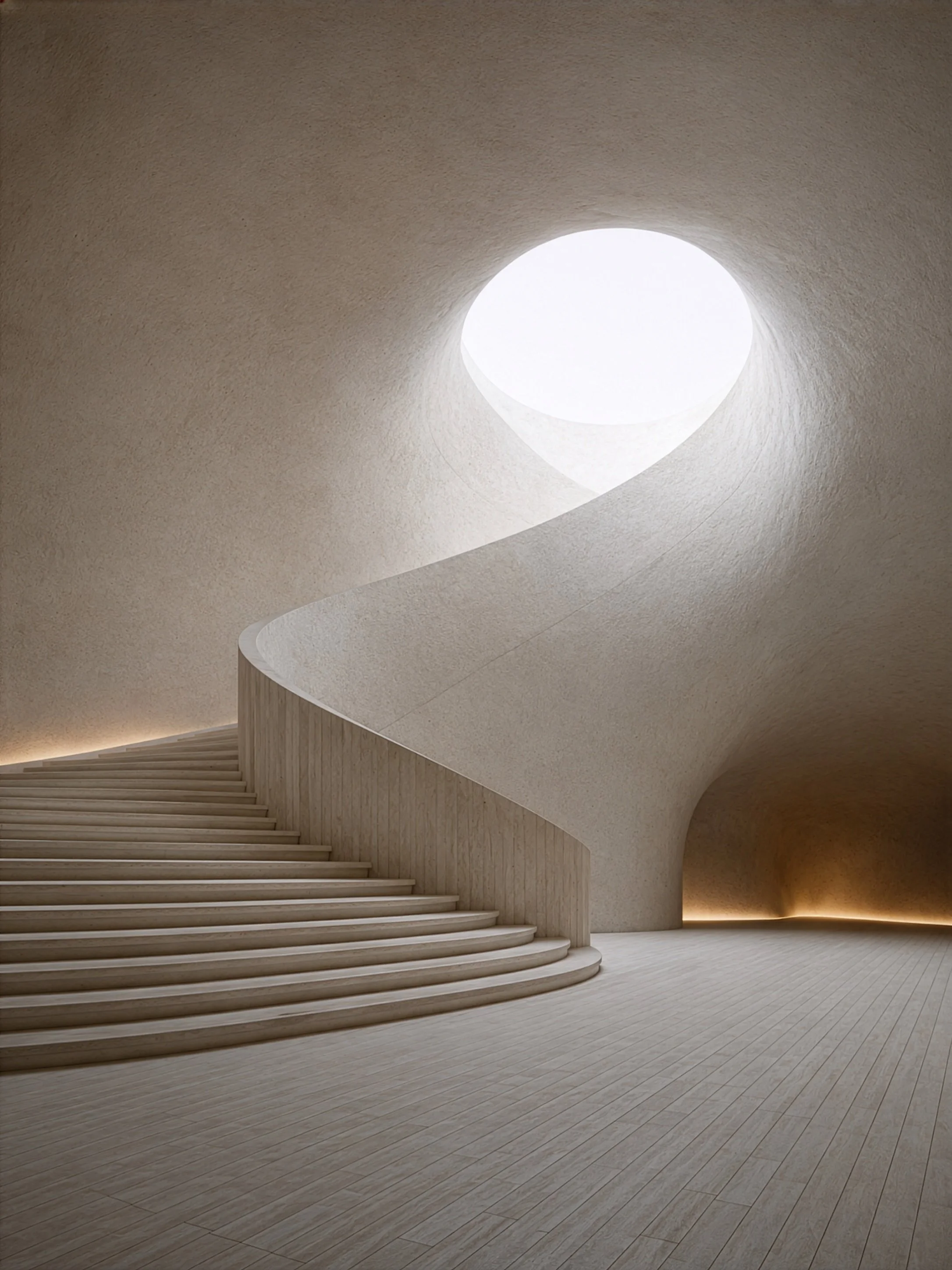 Minimal interior staircase beneath circular skylight