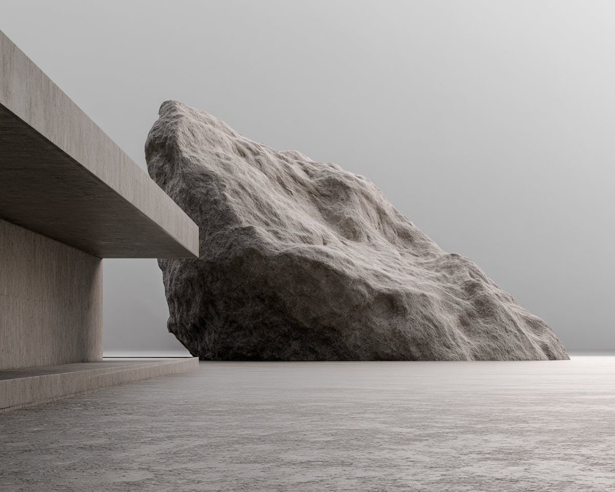 Visual research image exploring architecture between brutalism and biology, with monolithic forms, organic curves and emotional spatial presence.
