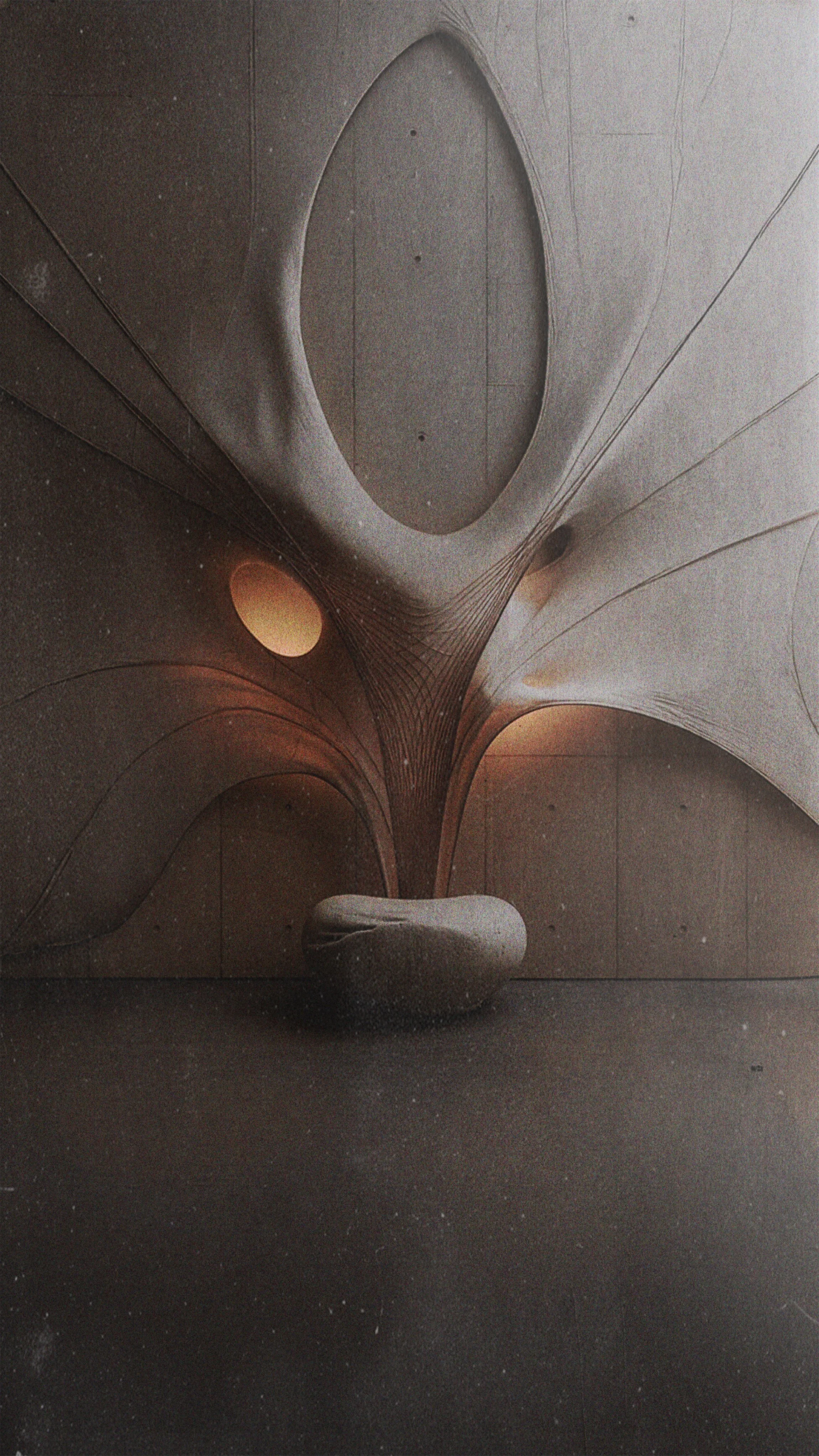 Sculptural light and furniture fragment combining a mineral outer skin with a translucent membrane in a quiet interior.