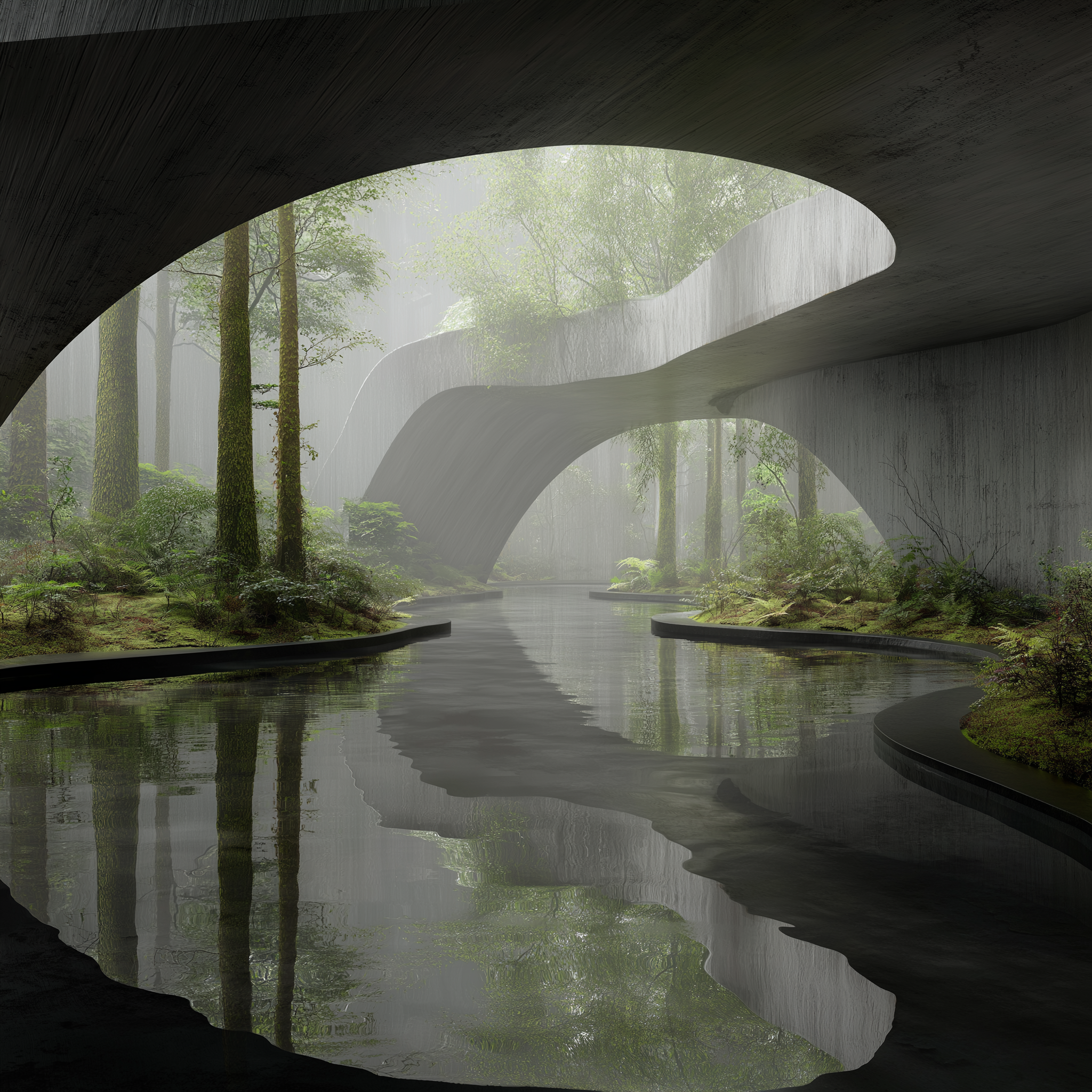 Organic architecture integrated with forest and water, extending the body into nature.