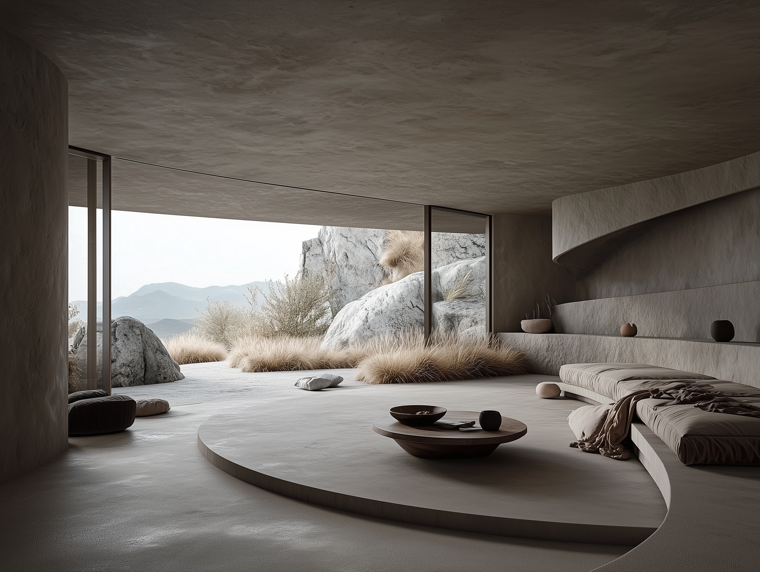 Minimal private refuge interior with curved concrete forms, soft natural light, mountain views and a quiet sensory atmosphere.