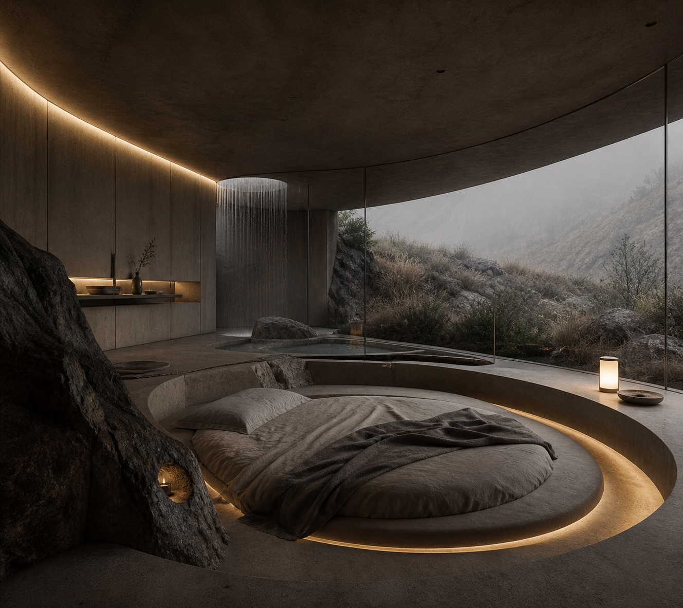 Espacio de descanso interior con cama cerca de ventanas de piso a techo, vistas a un paisaje montañoso y vegetación, iluminación suave y decoración minimalista.